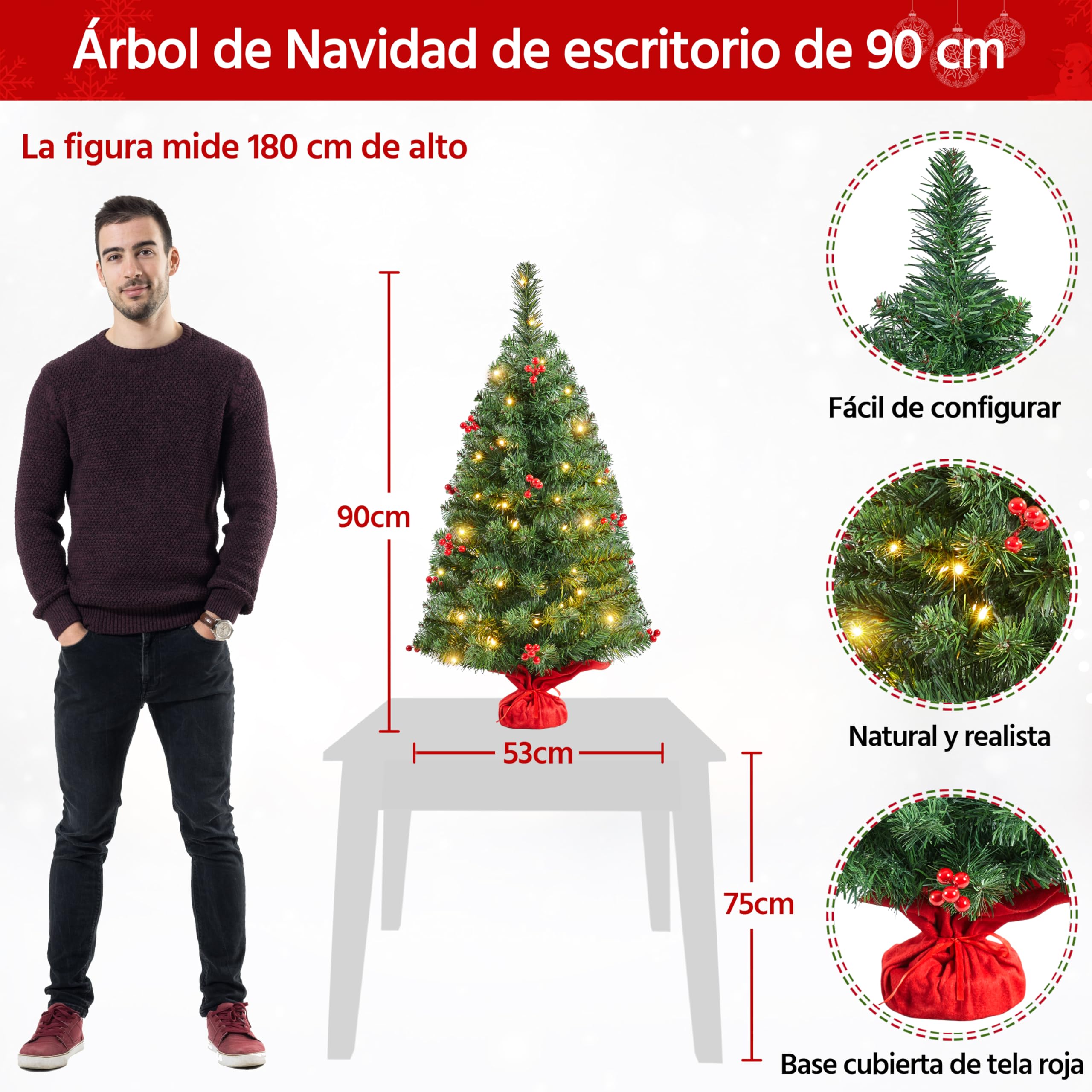 Yaheetech 90cm Mini Árboles de Navidad Artificiales de 96 Ramas, con LED