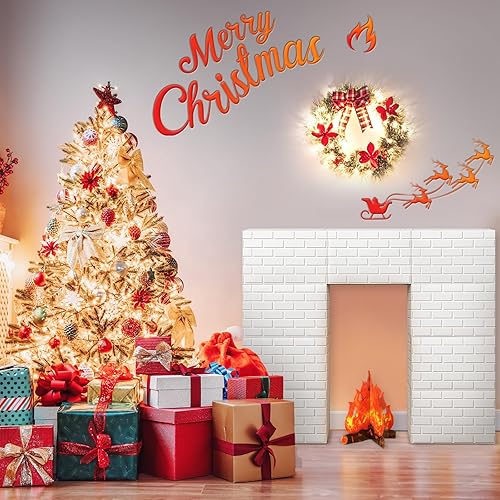 Miniatura 5 de 10 chimeneas de cartón de Navidad 3D de 39 x 35 pulgadas, chimenea artificial de Navidad con llama de fuego 3D, telón de fondo falso para decoración