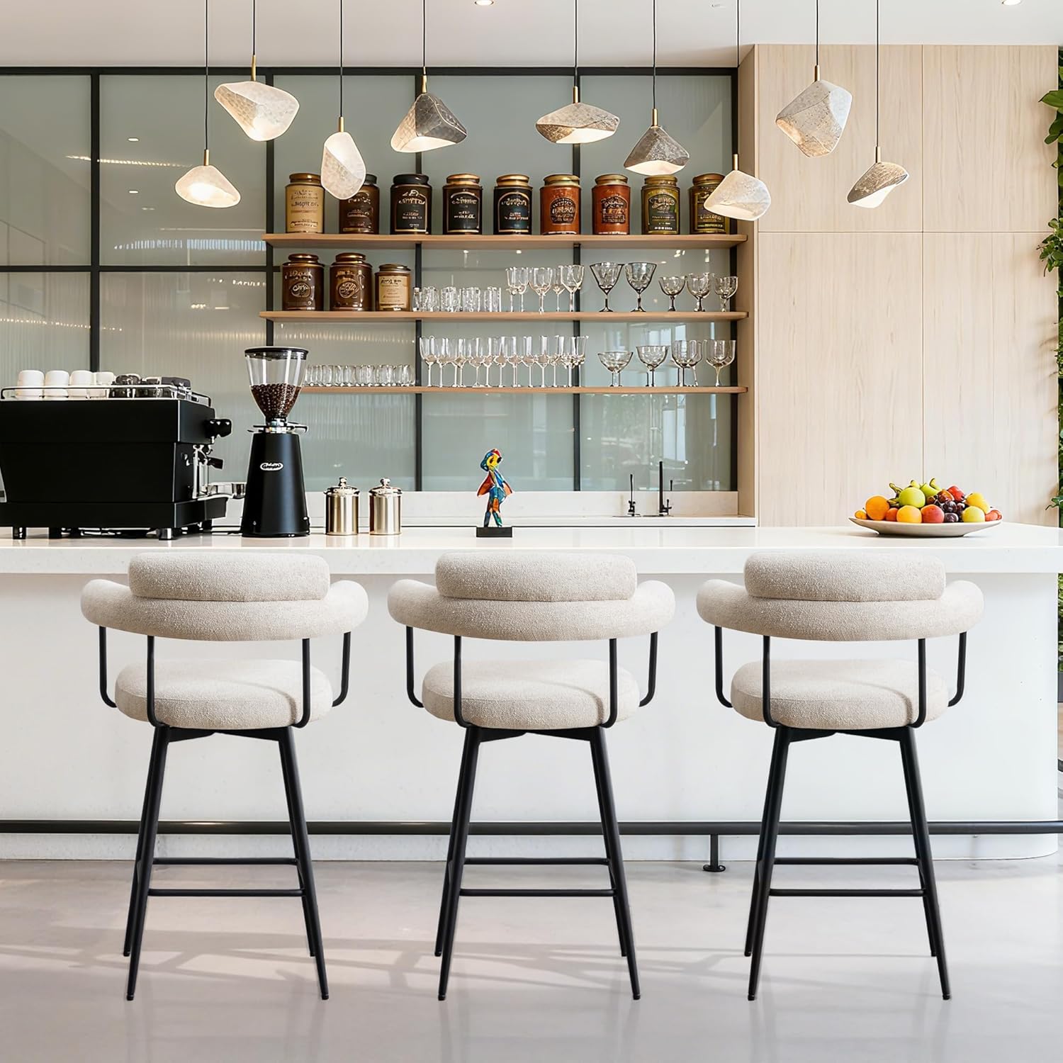 Swivel Counter Height Stools with Full Back, 26’’ Linen Fabric Upholstered Bar Stools with Padded Back, Metal Footrest, Modern Bar Stools for Kitchen Island, Home Pub (Beige, Set of 2)