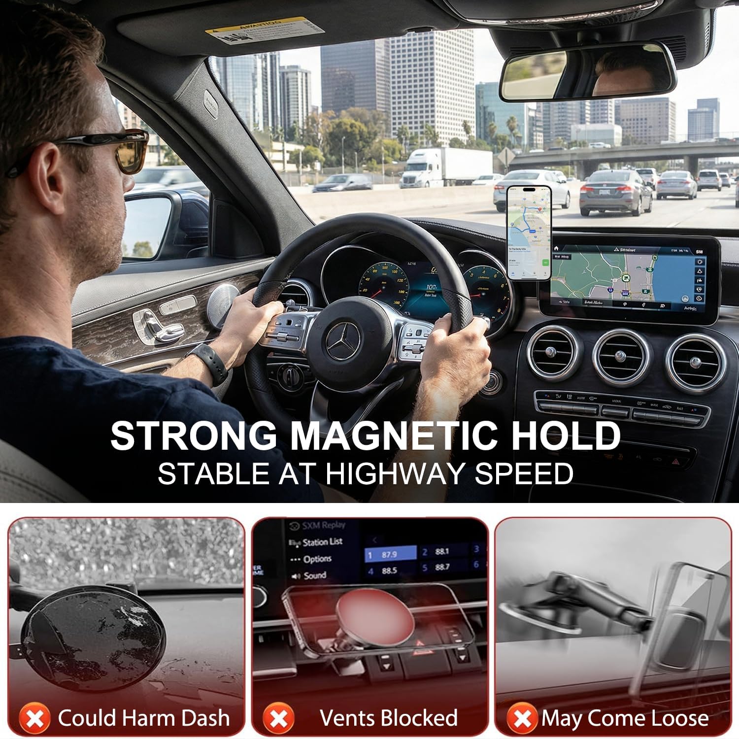 Car Phone Holder for Mercedes-Benz 2020-2022 GLC & 2019-2021 C-Class & 2020-2022 V-Class, 10.25-Inch Center Screen, Strong Magnet, OEM-Style, No View Obstruction Phone Mount Compatible with MagSafe