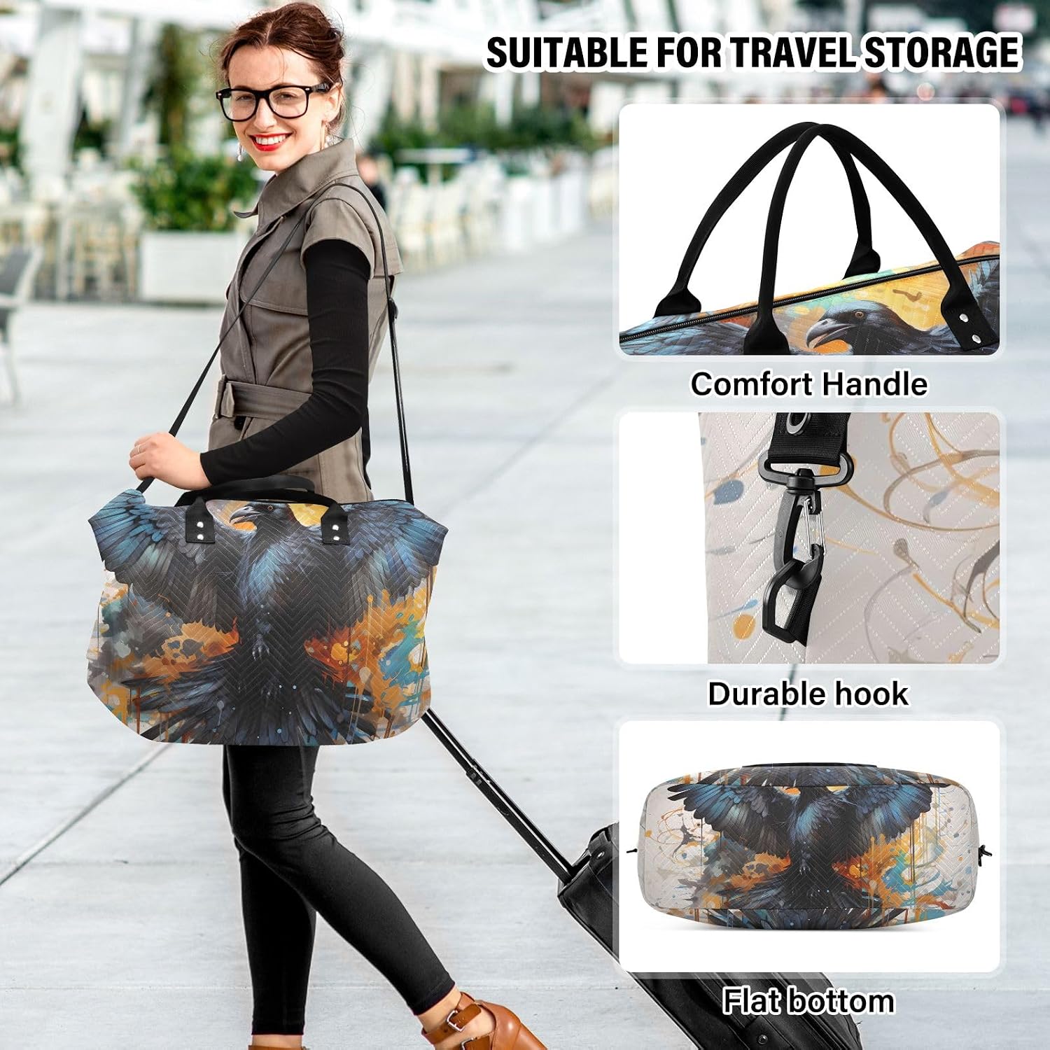 Large Travel Duffel Bag Sports Tote Gym Bag Overnight Weekender Bags Crow Raven Corbie Carry On Luggage with Toiletry Bags