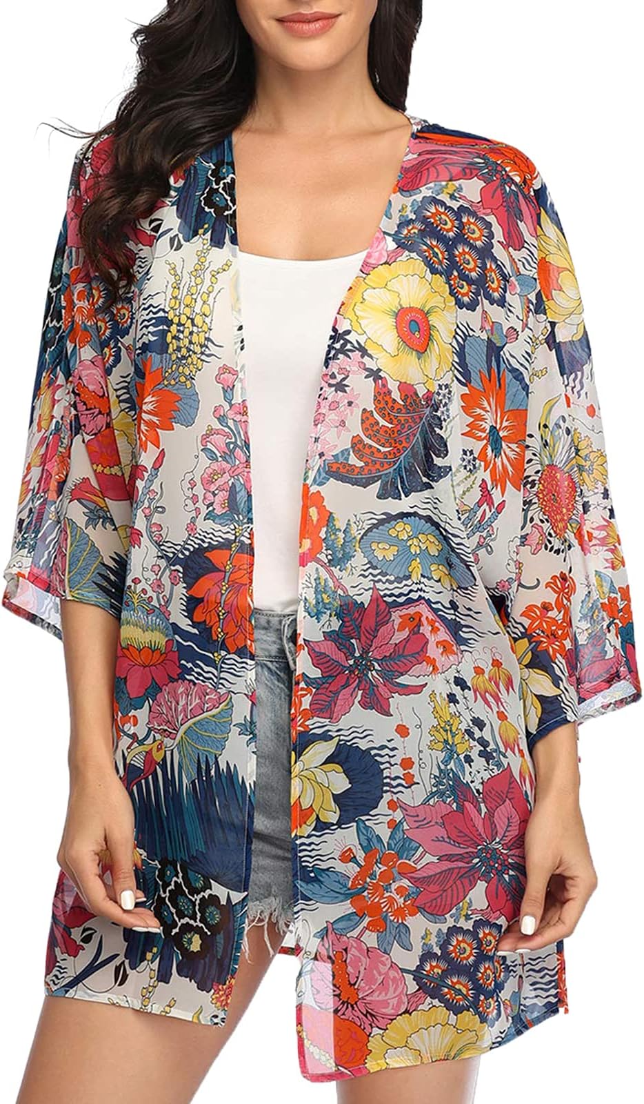 KirGiabo Women's Floral Print Kimonos Loose Tops Half Sleeve Shawl Chiffon Cardigan Casual Beach Cover Ups