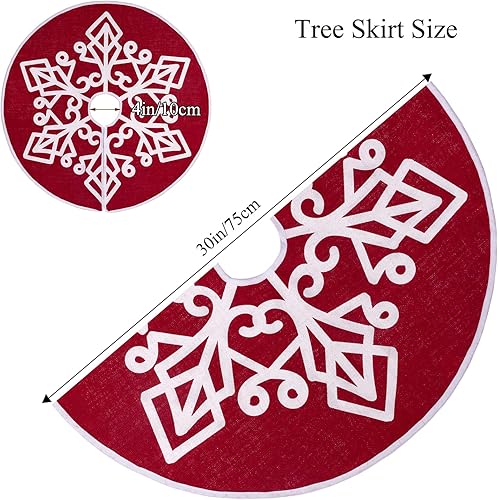 Miniatura 3 de HOHOTIME Falda de árbol de Navidad de arpillera con estampado de copos de nieve blancos, tapete de falda de árbol rojo de 30 pulgadas para