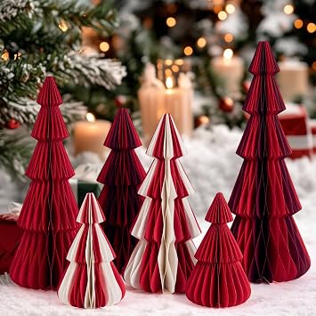SUNBEAUTY 6 PCS Honeycomb Paper Christmas Tree Red White Paper Christmas Tree Decor 3D Honeycomb Trees Table Centerpiece Vintage Reusable Table Decor for Xmas Holiday Home Party Decorations