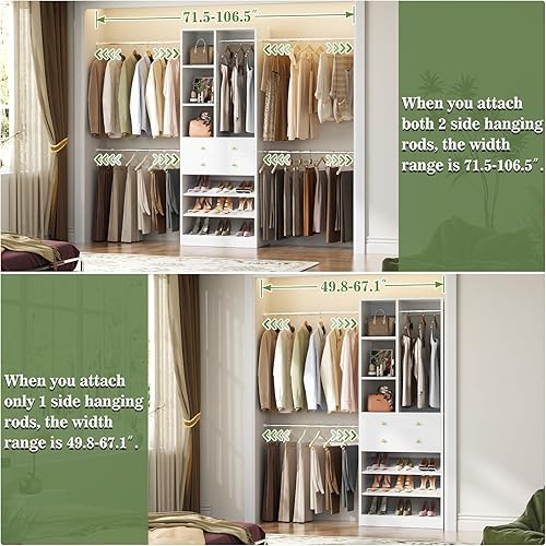 Miniatura 2 de Sistema de armario, organizador de armario de 4.2 a 8.8 pies con 2 cajones y estantes de madera, sistema de armario con 5 varillas para colgar,