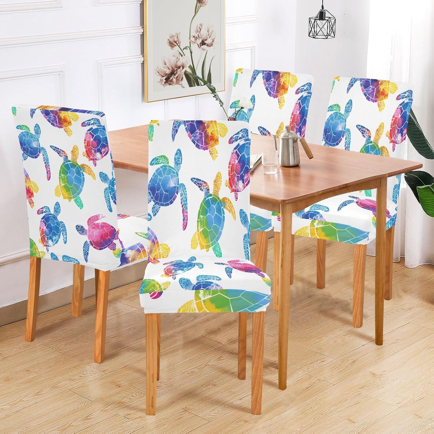 ALAZA Chair Covers for Dining Room, Multicolor Watercolor Sea Turtles Pattern Stretch Chair Cover Sets Chair Protector Removable Washable for Ktichen Restaurant Hotel