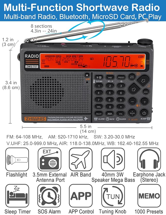 Radio de onda corta con control APP y antena, radios de emergencia NOAA, linterna, Bluetooth, microSD, 1000 presets, portátil miniatura 2