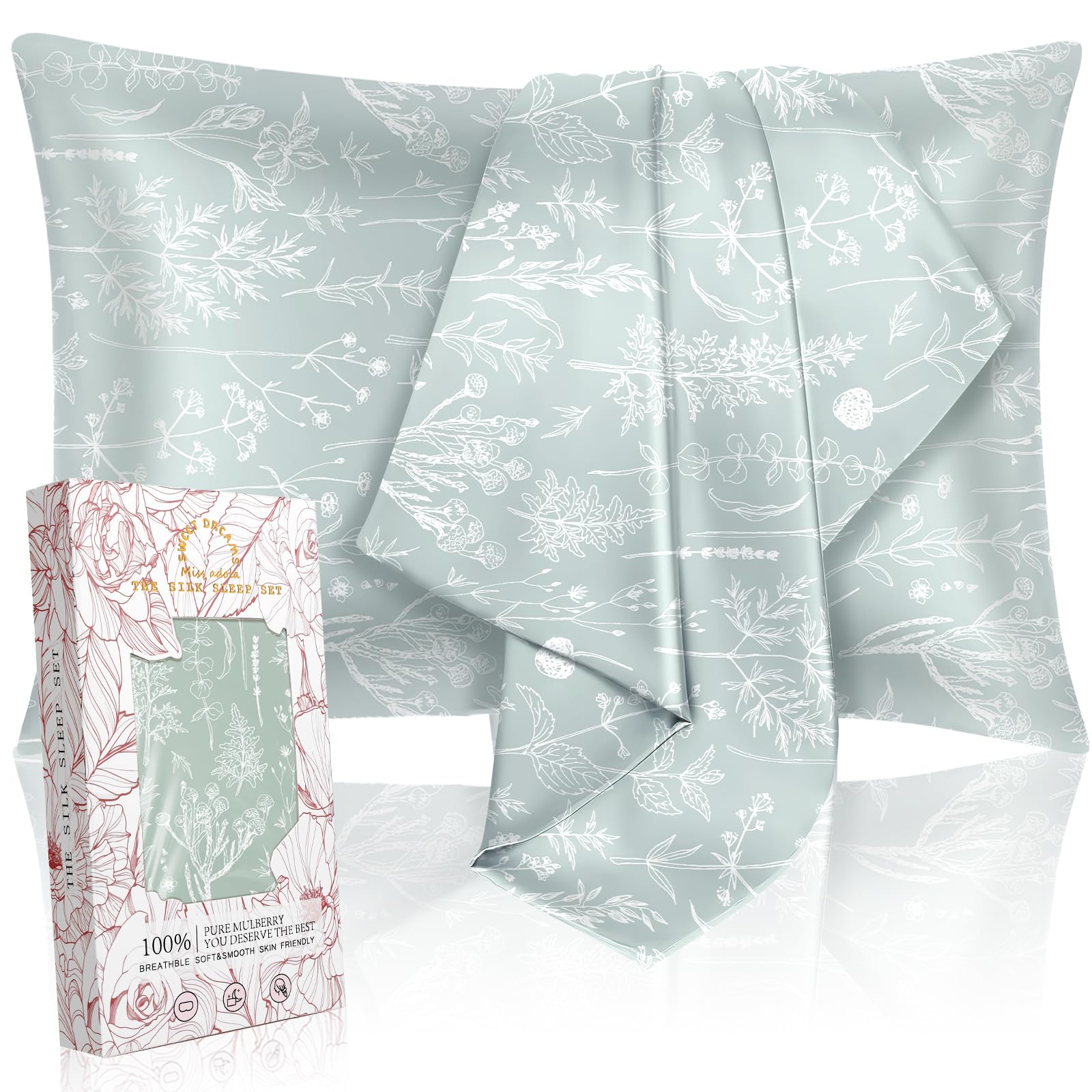 Miss Adola 2 Pack Silk Pillow Case for Hair and Skin Standard Size 26"x20" Floral Plants Sage Green Silk Pillowcase Soft Smooth Cooling Satin Pillow Case Set Sleeping Gifts for Women Girl