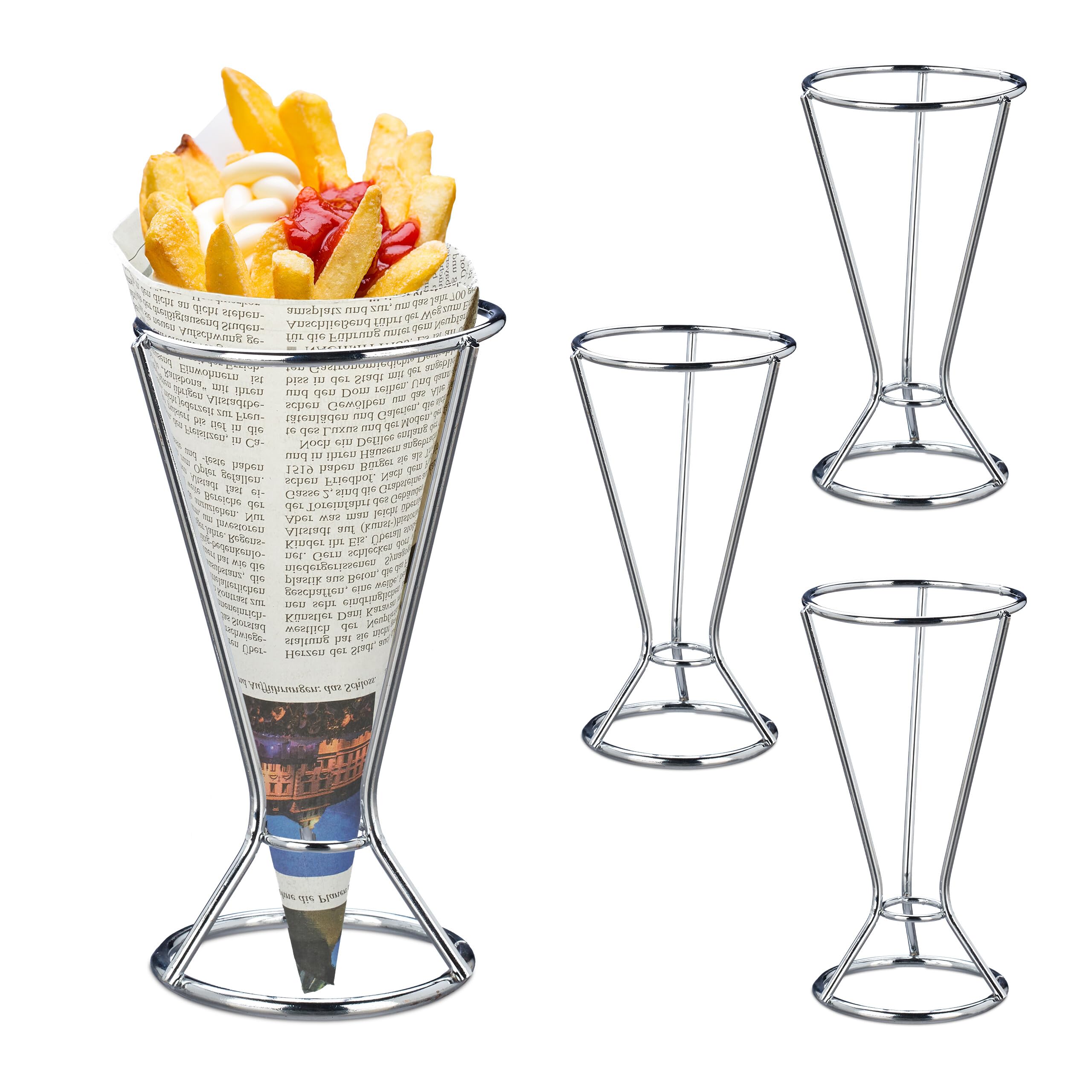 Relaxdays Set da 4 Porta Coni per Patatine Fritte in Acciaio Inox, HxD 16x9,5 cm, Supporto per Chips e Fritture, Argento