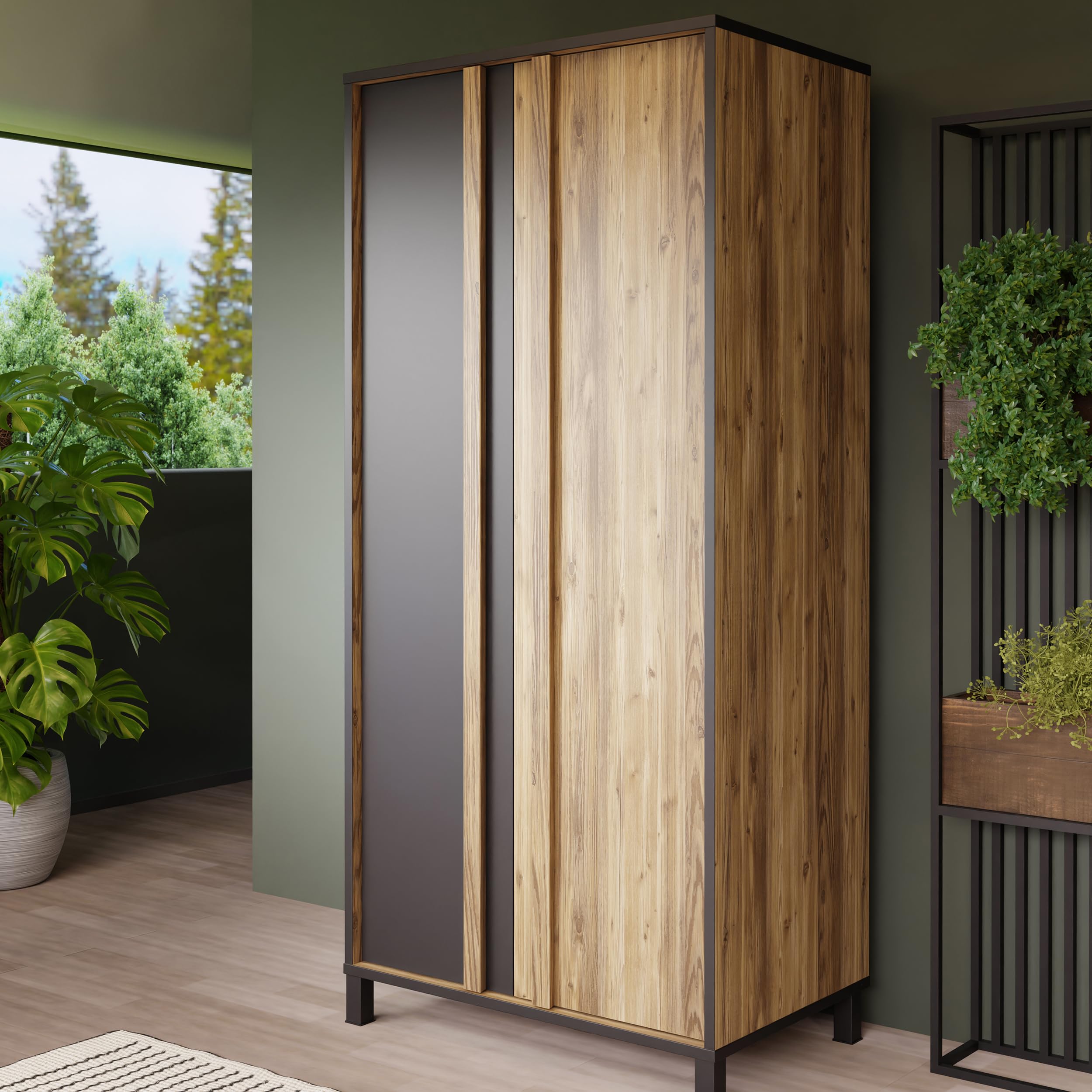 Forte HAYATO Kleiderschrank 90, Moderner Schrank mit Zwei Türen und Einlegeboden, Holzwerkstoff, Schwarz mit Alpenfichte Dekor, 89,5 cm breit, 194 cm hoch, 58 cm tief