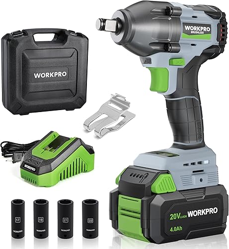 WORKPRO Llave de impacto inalámbrica de 1/2 pulgada, pistola de impacto sin escobillas de 20 V, alto par de torsión de 370 pies (500 N.M),