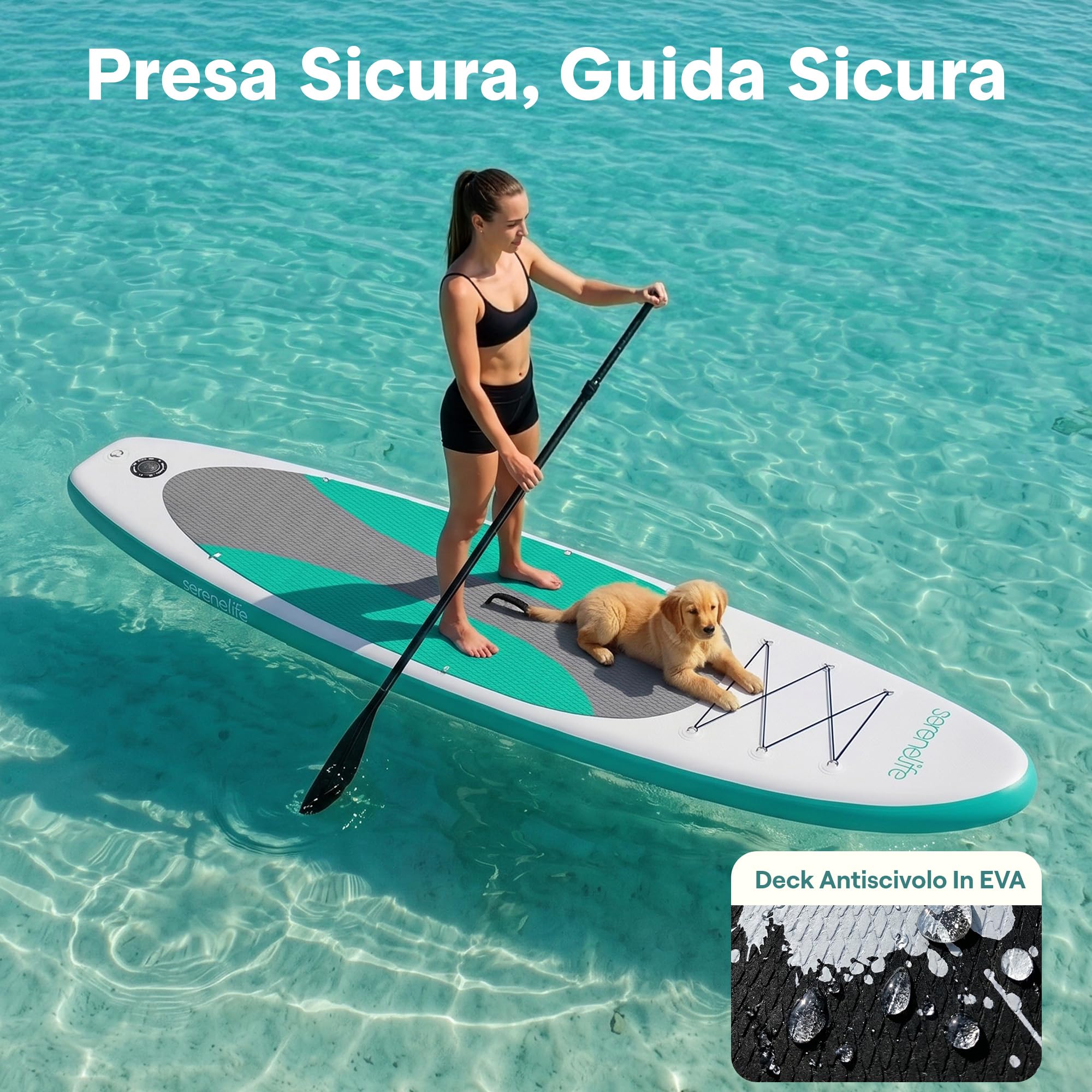 SereneLife SUP Gonfiabile, Tavola SUP, Stand Up Paddle Board, Design Largo e Stabile con Deck EVA Antiscivolo, Accessori Premium Inclusi, per Adulti, Giovani e Principianti