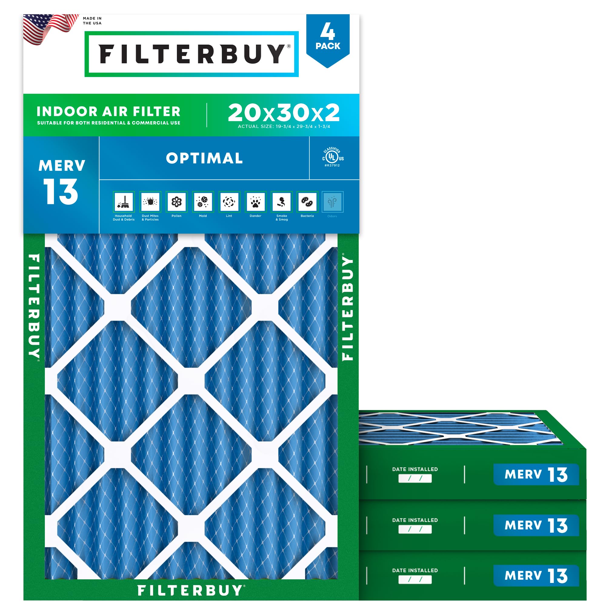 Filterbuy20x30x2 Air Filter MERV 13 Optimal Smoke & Allergy Defense (4-Pack), Electrostatic Pleated HVAC AC Furnace Filters Replacement, Made in USA (Actual Size: 19.75 x 29.75 x 1.75)