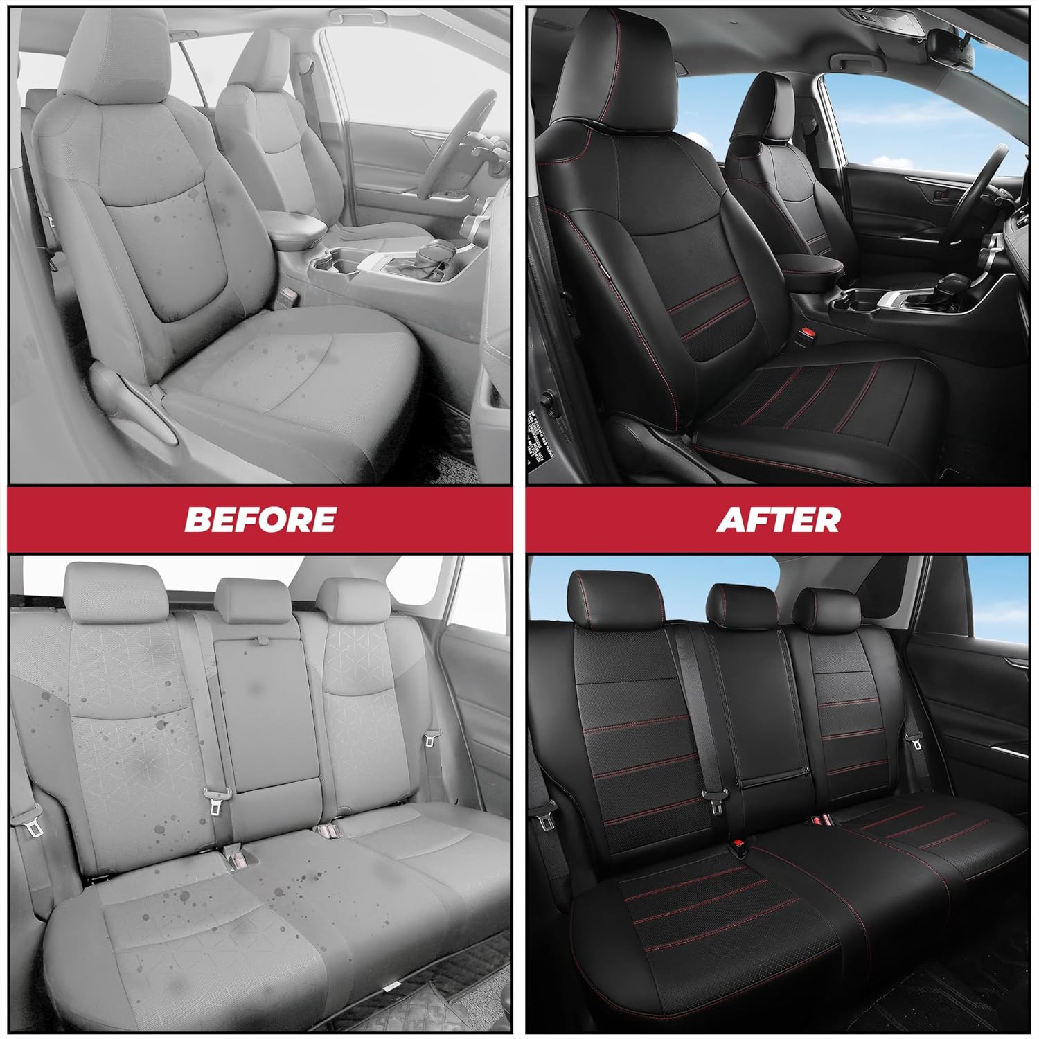 FREESOO Custom Fit RAV4 Seat Covers for Toyota RAV 4 2019-25 Gasoline LE XLE Premium Limited, Faux Leather, 4‑Layer Waterproof, F/R Headrest, Airbag Deployment Compatible, Durable, Black Red Full Set
