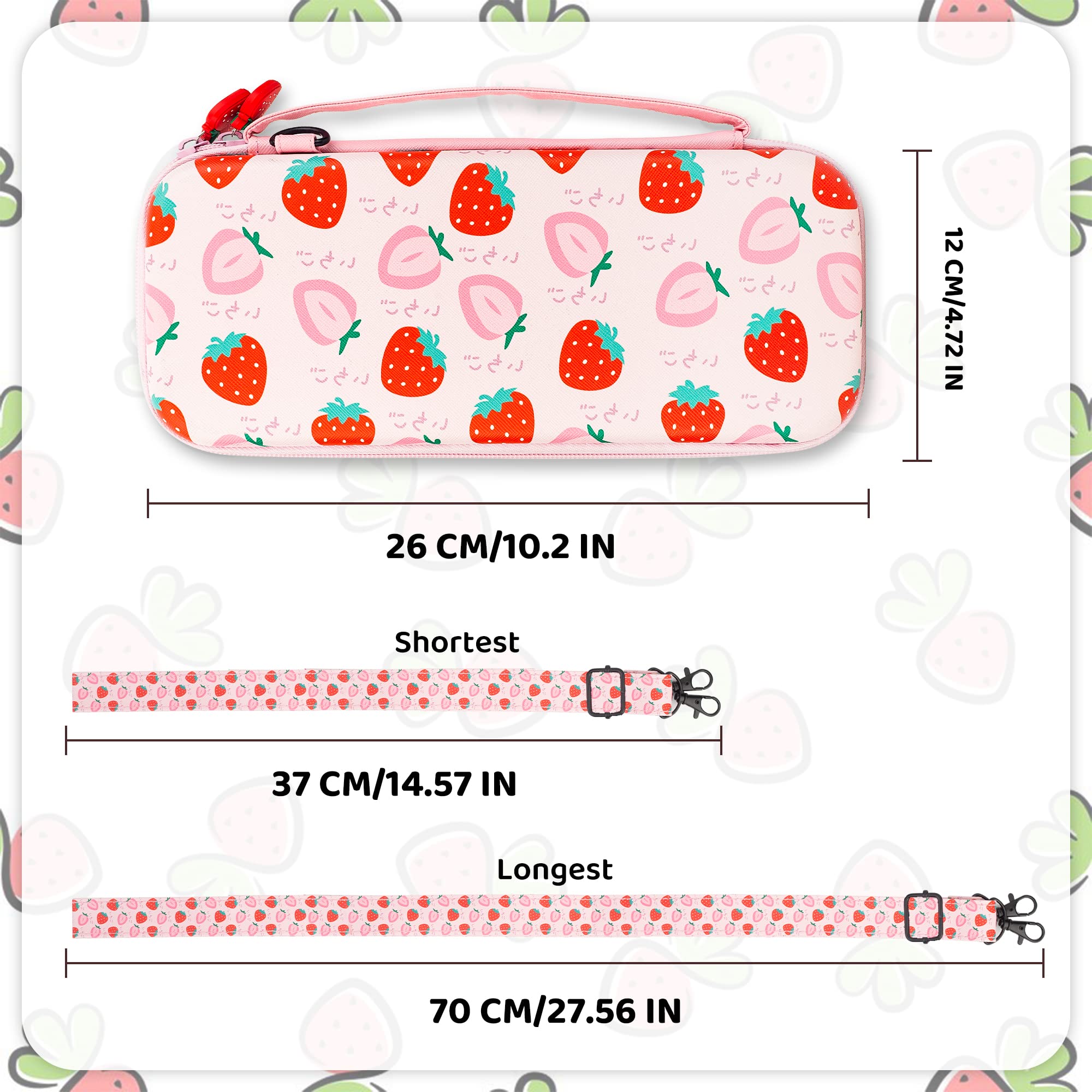 RHOTALL Erdbeer-Tragetasche für Nintendo Switch, harte Reisetasche mit Schutzhülle, Schultergurt, Spielkartenetui, Displayschutzfolie, 2 Daumenkappen