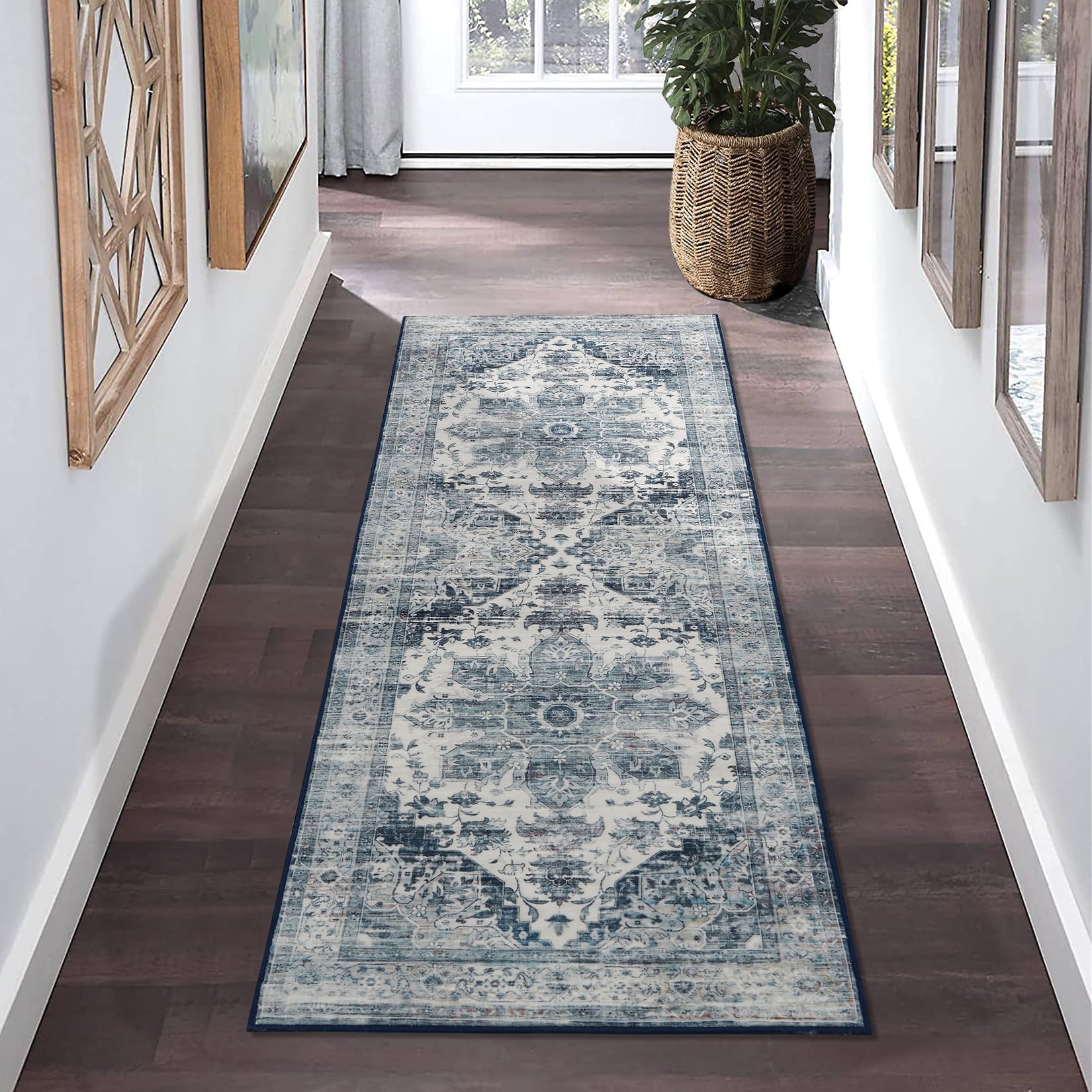 Garvee Washable Runner Rug 2x6 Feet Non-Slip Non-Shedding Persian Hallway Runner, Stain Resistant Vintage Distressed Kitchen Mat Laundry Entryway Carpet Runner for Doorway Bedside, Blue