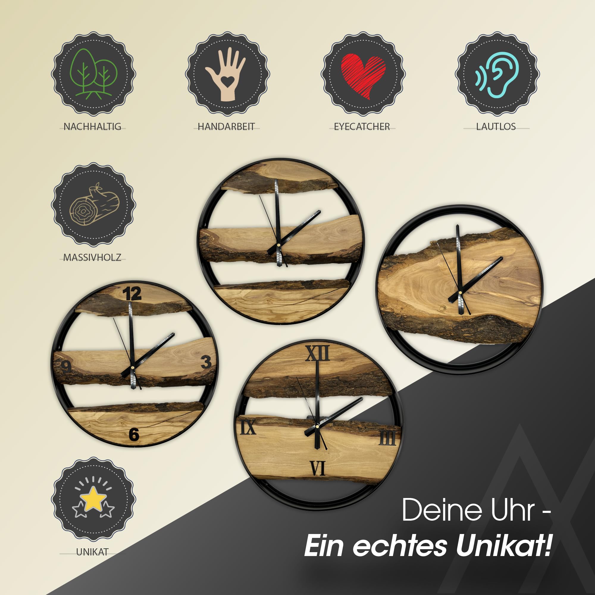 MODERNMOMENTS ® Wanduhr Holz ohne Tickgeräusche Handarbeit rustikal Olivenholz Holz Wanduhren modern Baumkante Holzuhr Wohnzimmeruhr Uhr Wand Massivholz Naturholz Clock Deko