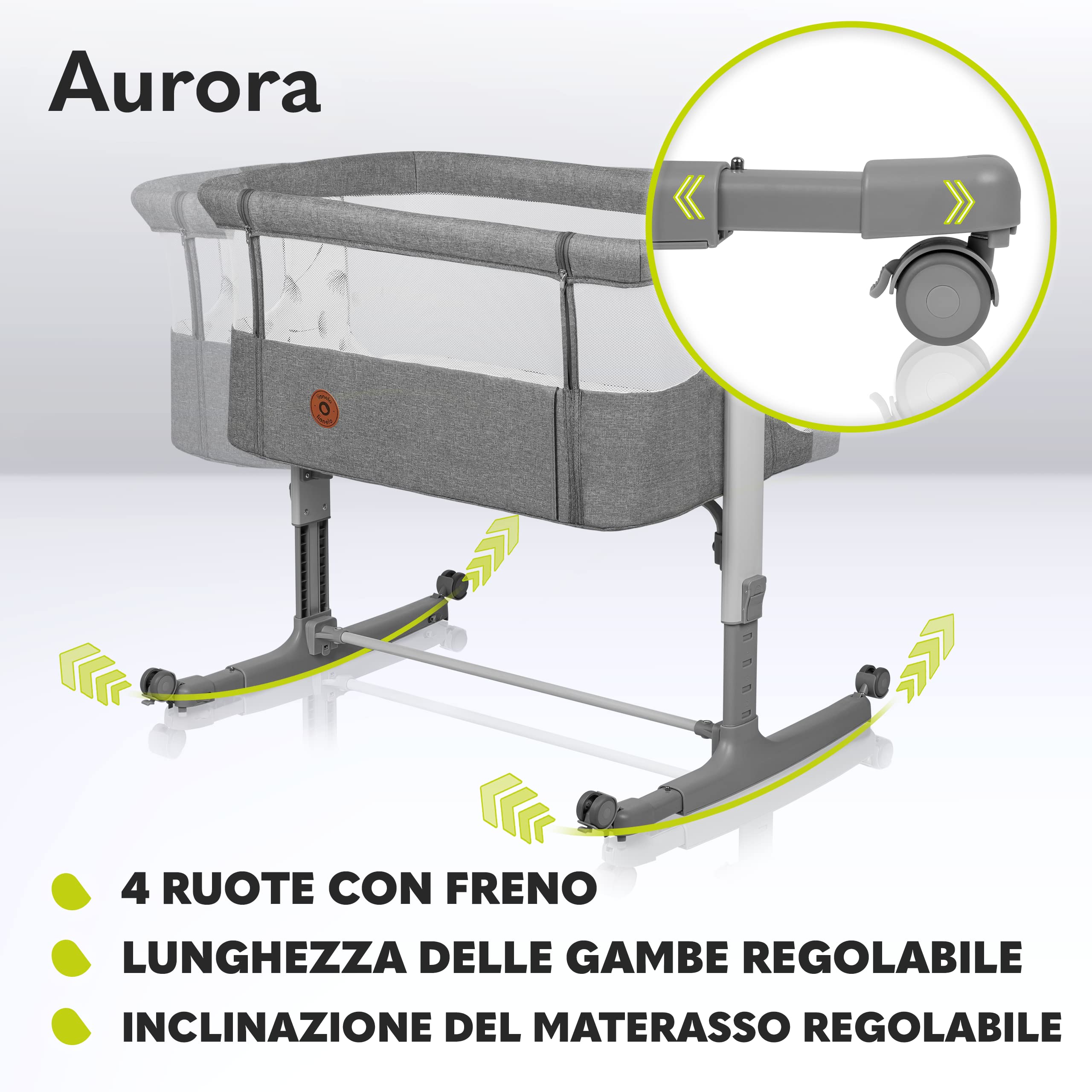 lionelo Aurora 3in1 Culla Co-sleeping e Lettino da viaggio per neonato bambini fino 9kg Regolabile in altezza e Inclinazione Parete aperta rete traspirata Materasso innovativo Zanzariera