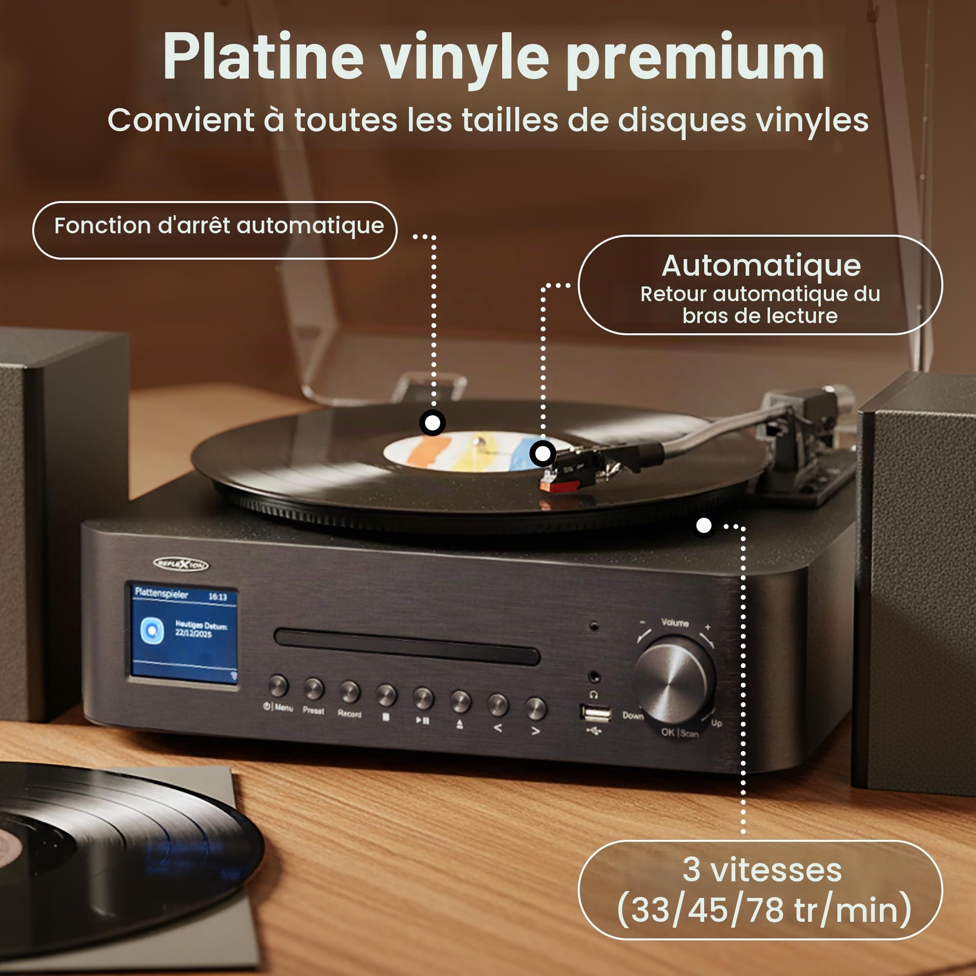 Reflexion HIF2082DAB Platine Disque rétro avec Haut-Parleur et Bluetooth | Système de Musique avec Dab+, CD, FM, Enregistrement MP3 USB, écran Couleur, réveil et minuterie de Mise en Veille – Kit