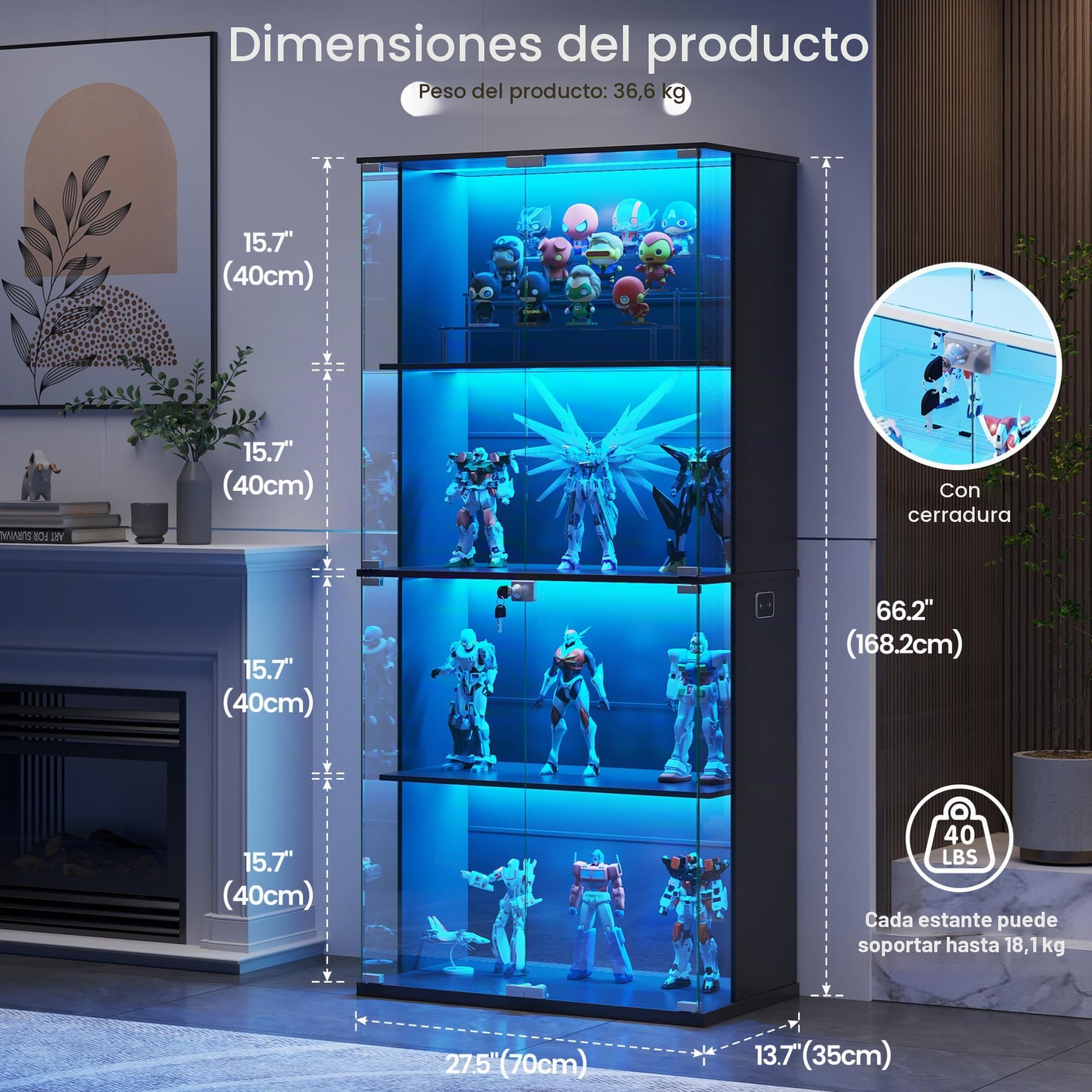 Vitrina expositora con iluminación LED: Puertas de Cristal con Cerradura,vitrinas con sensores Inteligentes,Vitrina Cristal de 4 Niveles para salón,Dormitorio,Oficina o Estudio,Negro