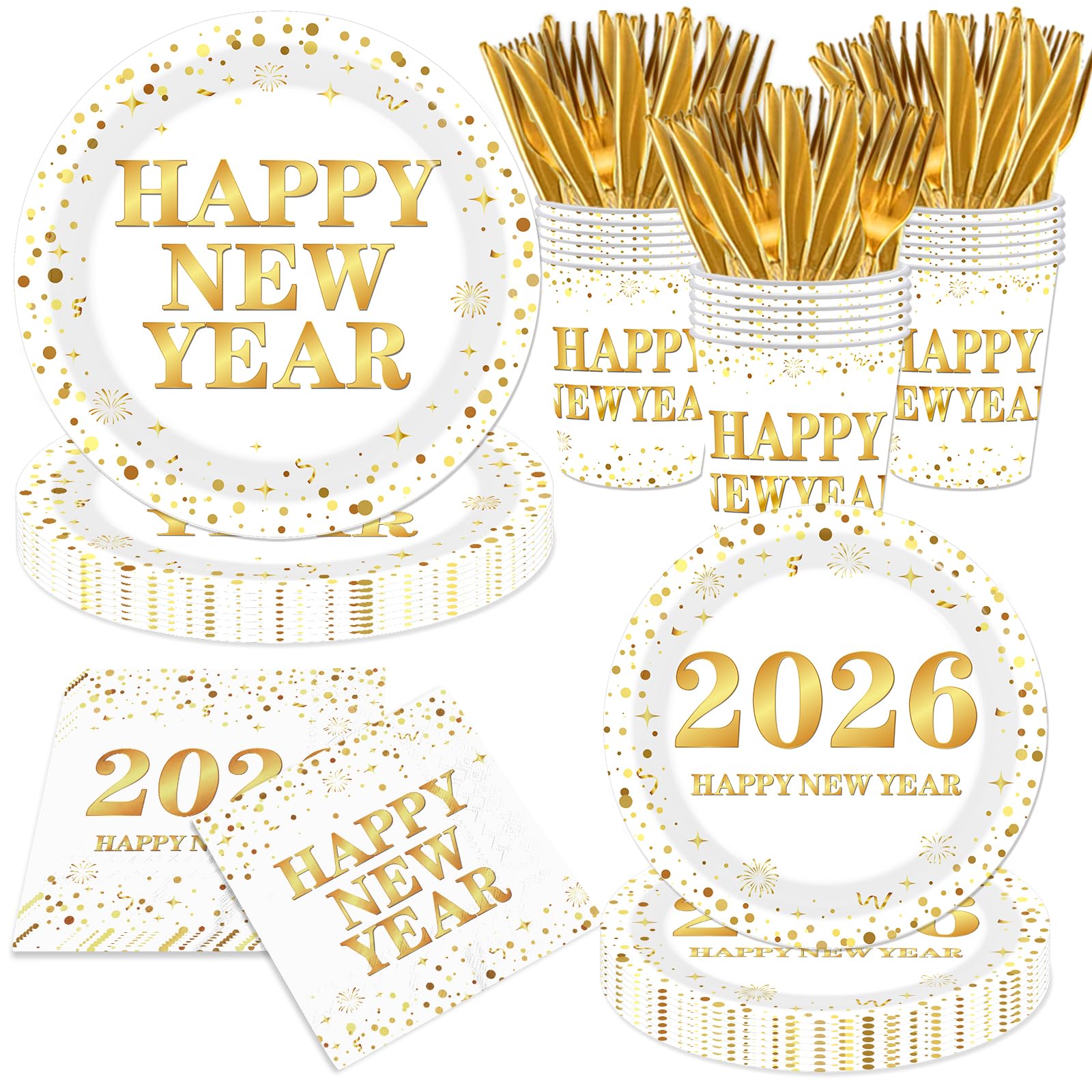 Locker.Ink | Elevate Your New Year Celebration with 24 Must-Have Party Tableware Essentials 2026 White and Gold New Years Tableware