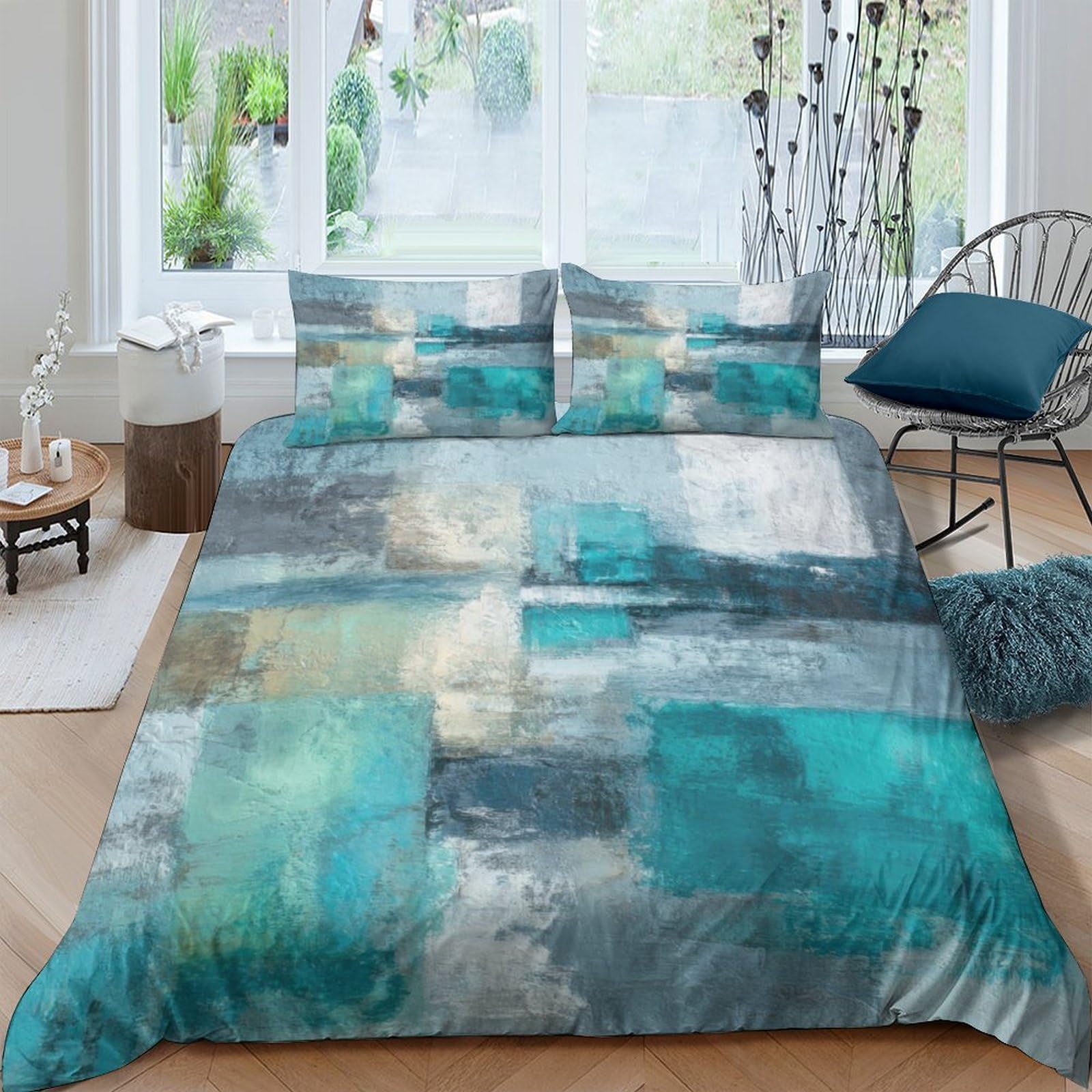 P5V6M1Q9 3D Printed Abstract Blue Green Duvet Cover Microfiber Soft Breathable Geometric Bedding Set with 2 Pillowcases for Bedroom Home Decor Single（135x200cm）