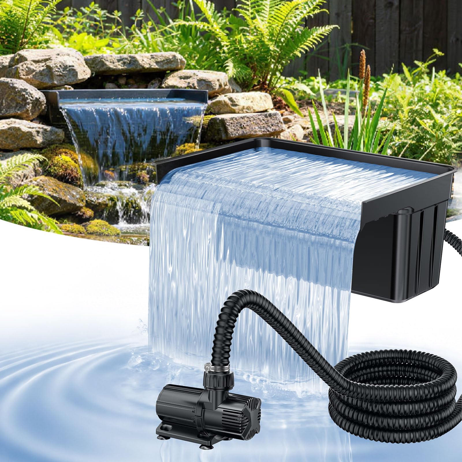 POPOSOAP Cascada para Estanque con Bomba DC 63W 6000 L/H, Tubo Corrugado 3m, Material Filtrante y Desagüe de 60 cm para Fuentes de Agua Grandes en Jardines Exteriores