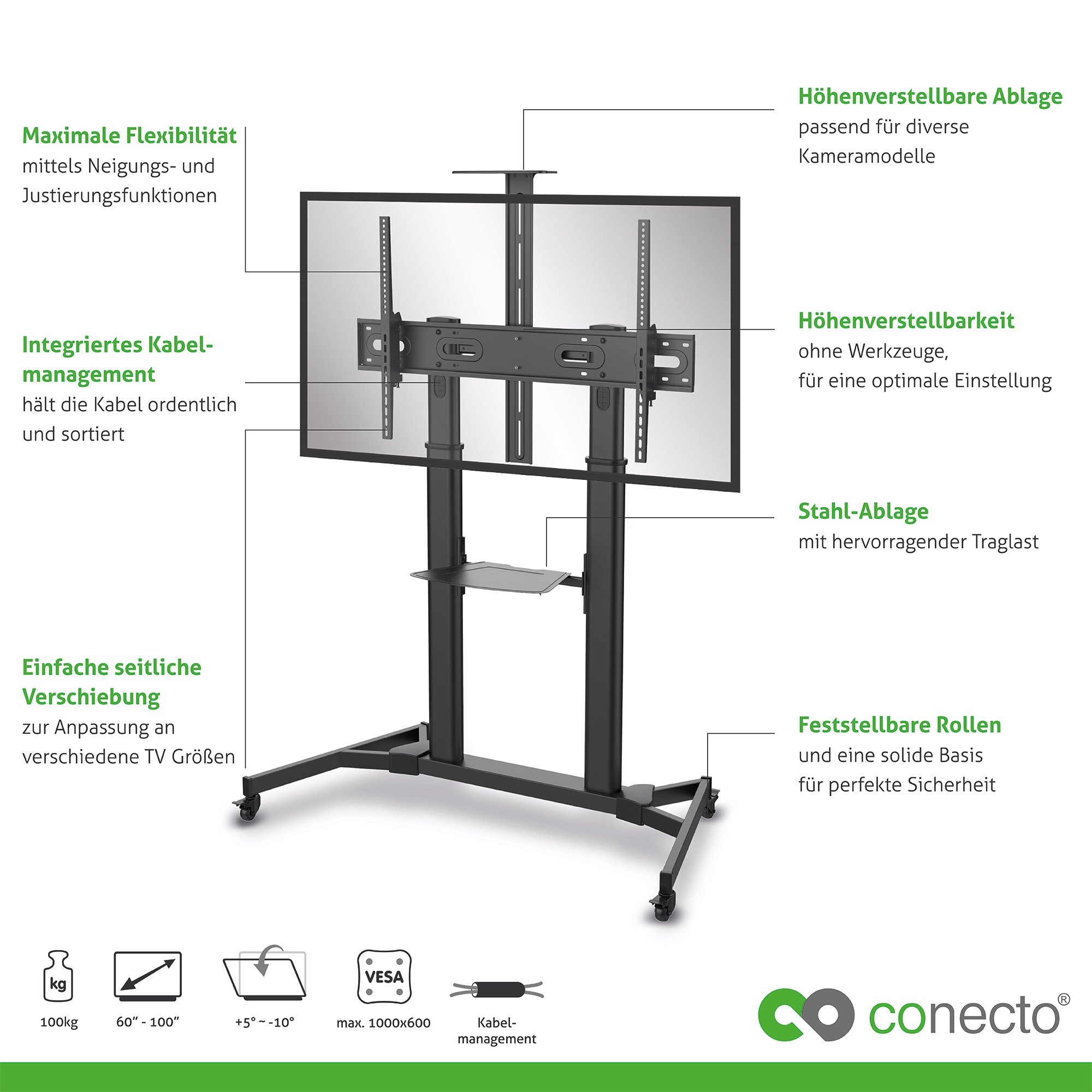 conecto® LM-FS03B Professional TV-Ständer Standfuß für Flachbildschirm LCD LED Plasma höhenverstellbar 60-100 Zoll (152-254 cm, bis 100 kg Tragkraft) max. VESA 1000x600mm, Stahl, schwarz