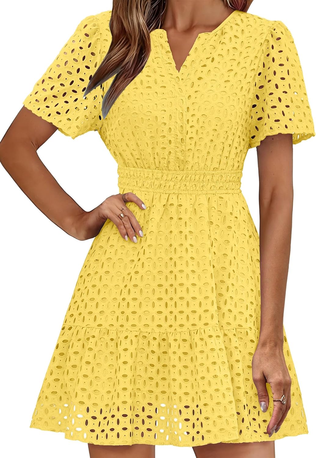 RUMIA Womens Dresses 2026 Summer V Neck Eyelet Lace A Line Short Spring Wedding Guest Dress - Image 2