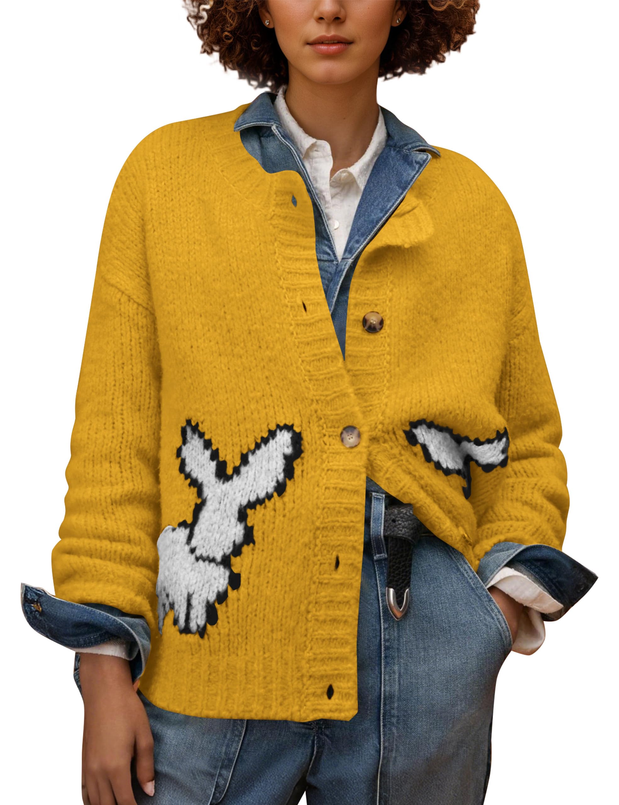 OLAPTA Women Bunny Buddies Cardigans Long Sleeve Button Down Loose Fit Sweater Tops Cute Graphic Casual Knit Fall