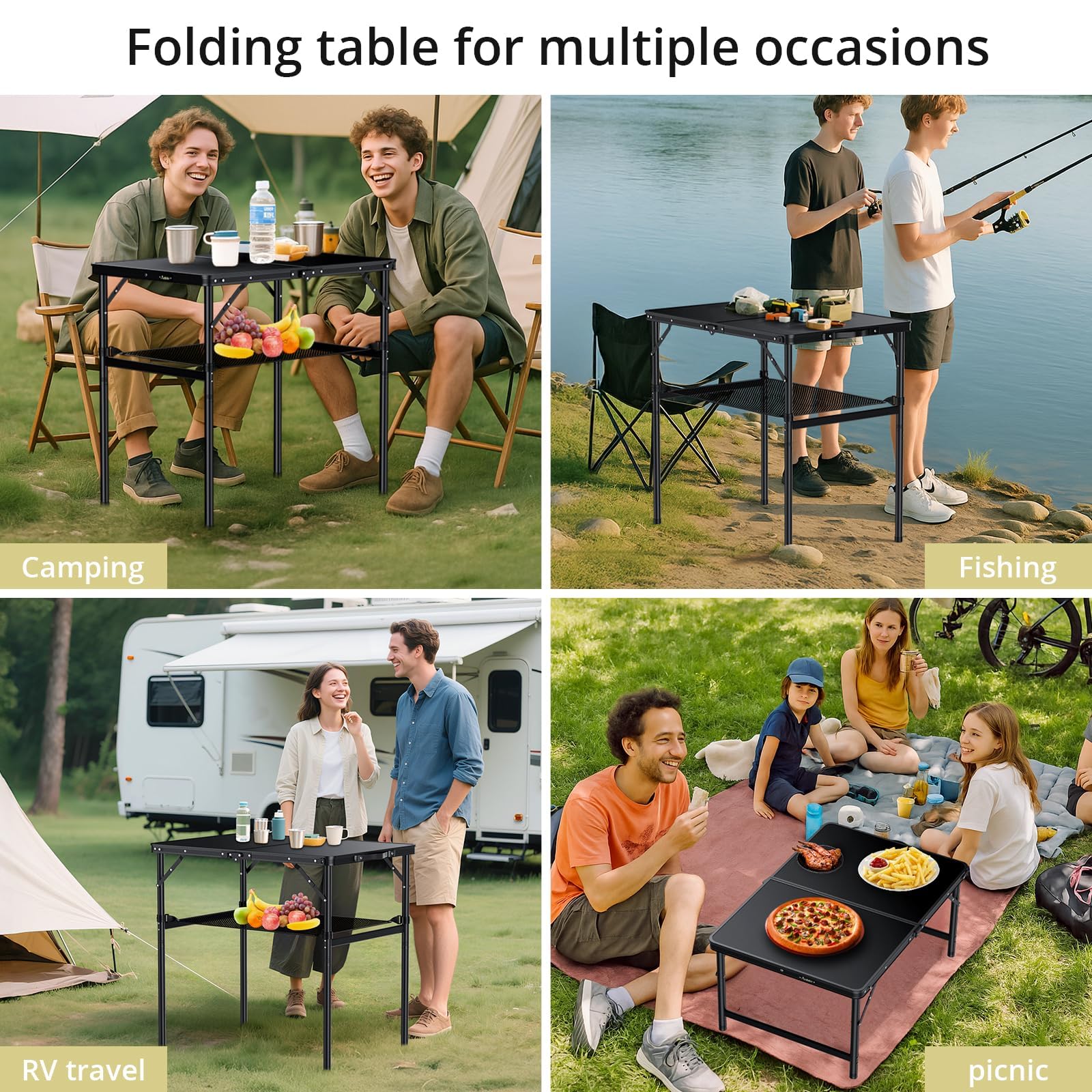 Anbte Campingtisch Klappbar 90x60x74.7cm(LxBxH) Aluminium Rahmen mit 2 Höhen Verstellbar Koffertisch 30kg Tragkraft mit Aufbewahrungsnetz Tragbar Picknicktisch für Camping Strand Balkon (Schwarz)