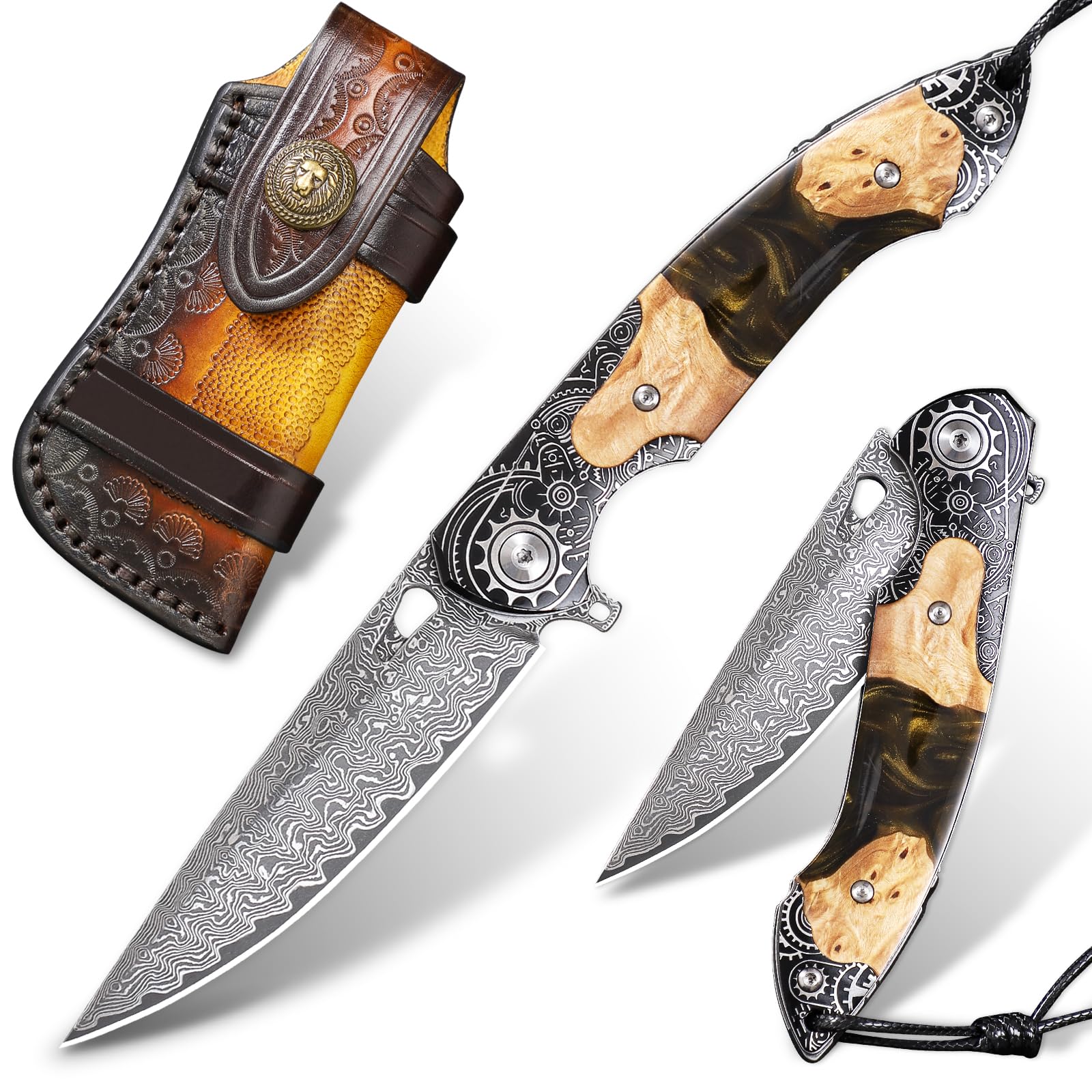 Handgefertigt Damaszener Stahl Taschenmesser, 3,5 „ Klingen Männer und Frauen Klappmesser, mit Lederscheide, Harz und Ahorn Griff, geeignet für Outdoor EDC tragen, Camping Abenteuer Jagd
