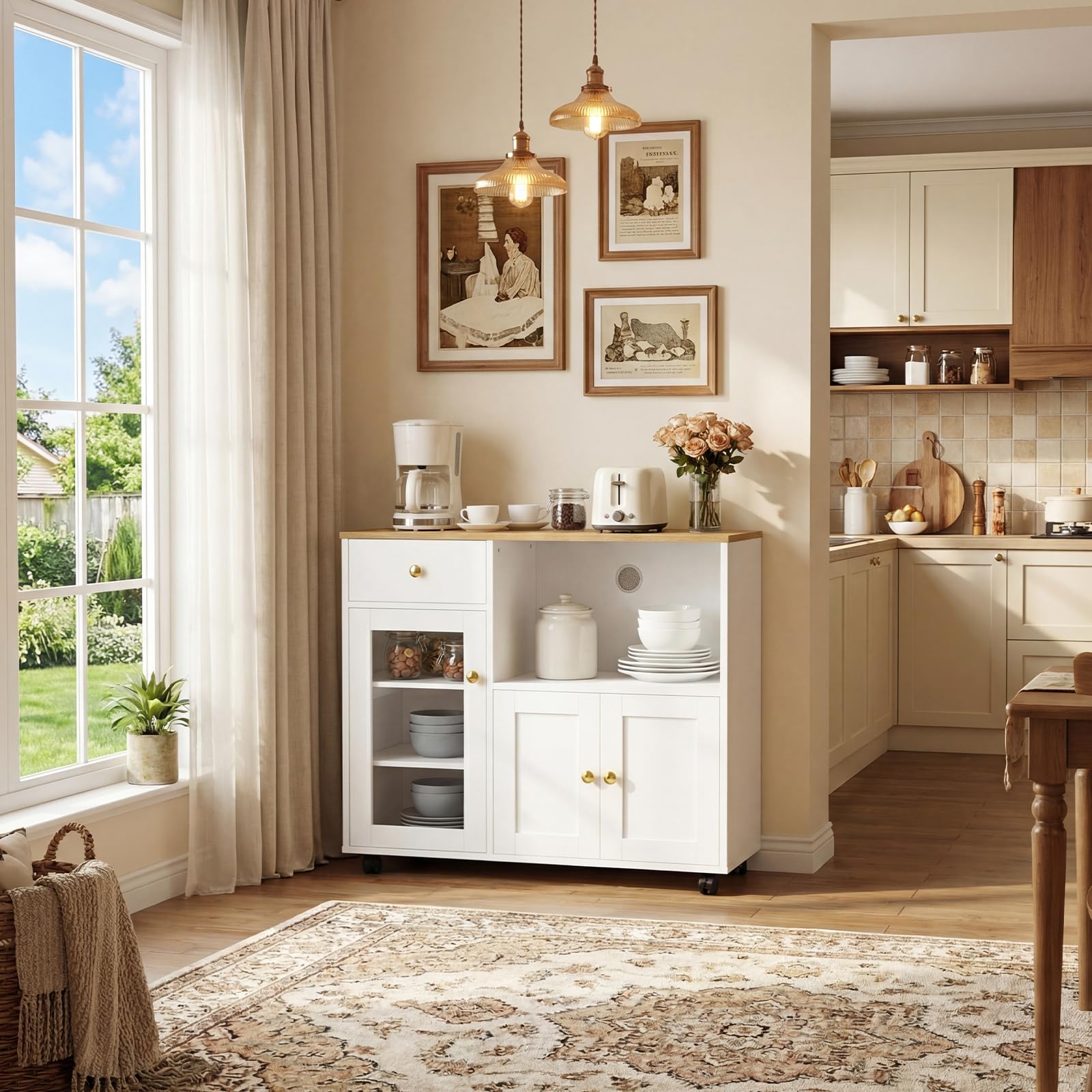Küchenschrank mit Arbeitsplatte, Buffetschrank, Sideboard Küche mit Mikrowellenregal, Verstellbare Ablagen, für Küche, Esszimmer, Wohnzimmer, Weiß, 90 x 40 x 81.5 cm