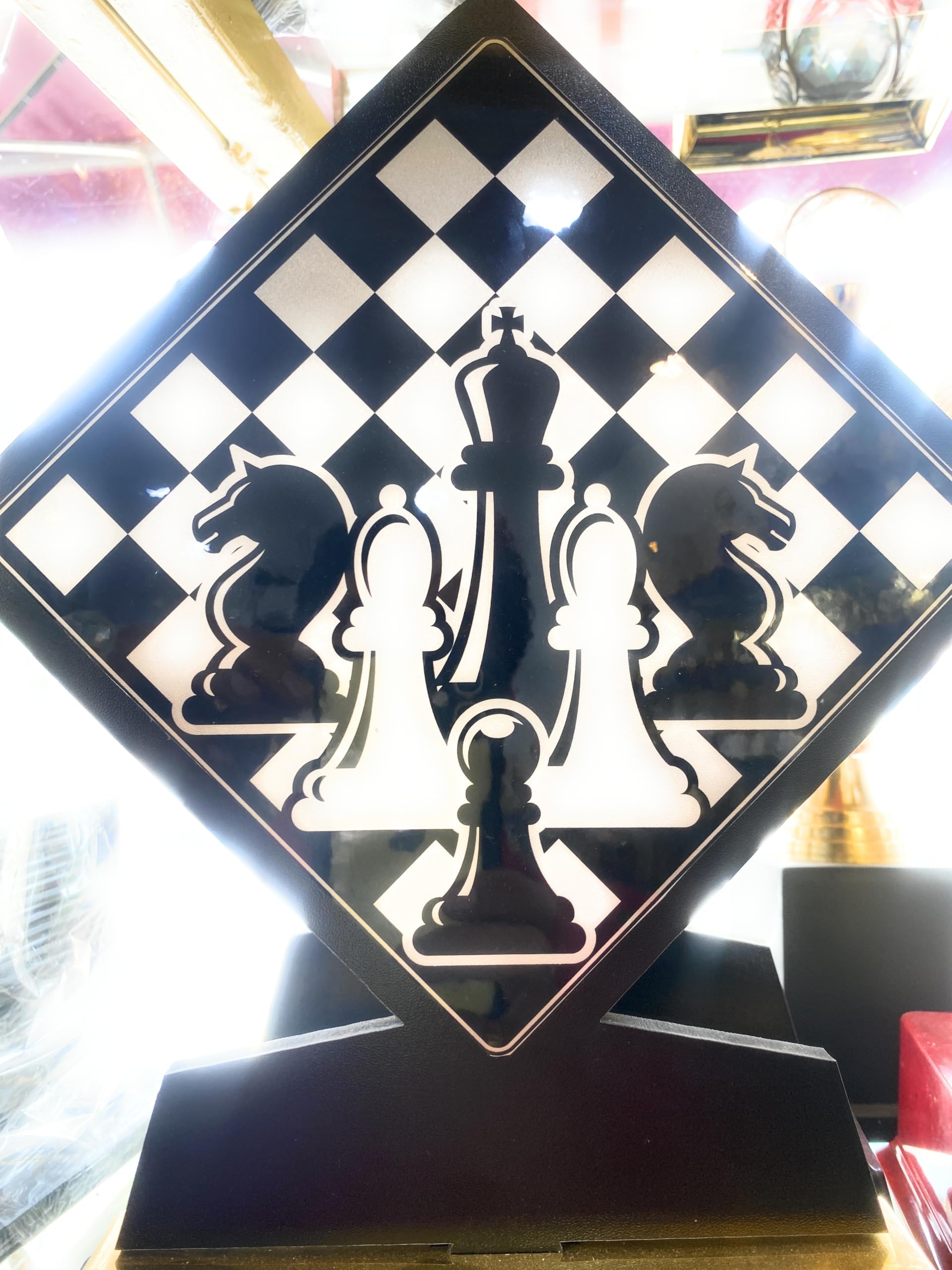 Chess Trophy Award with Checkered Board Design, Diamond Shaped Plaque with Chess Pieces Silhouette, Black and Gold Base, Appreciation Memento for Chess Games-picture-20