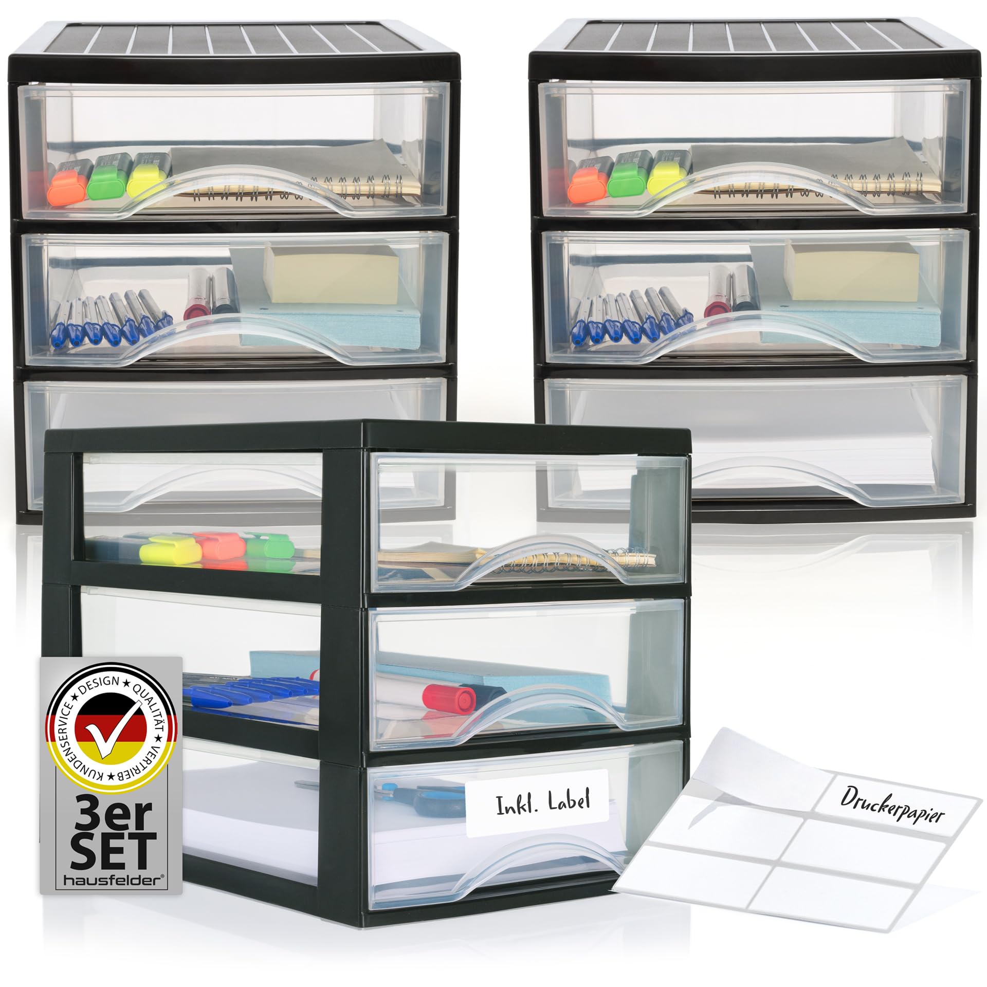 Hausfelder Schubladenbox A4, 3 Stück je 3 Schubladen, Schwarz Transparent | Set Schubladenboxen aus Kunststoff für Schreibtisch und Büro, stapelbar, DIN A4, inkl. Aufkleber