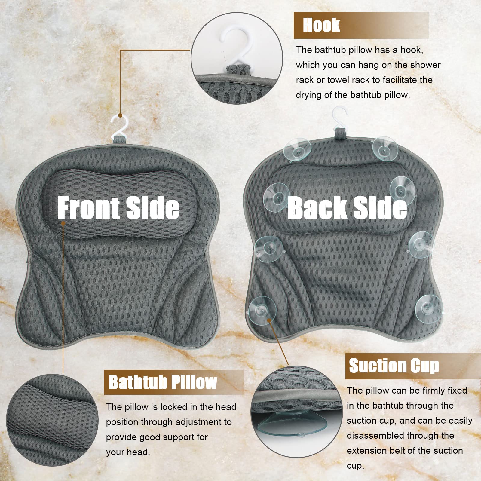 Cuscino Schienale Per Vasca Da Bagno 4D – Ergonomico Con Ventose, Inclusa Borsa Porta Accessori - 5