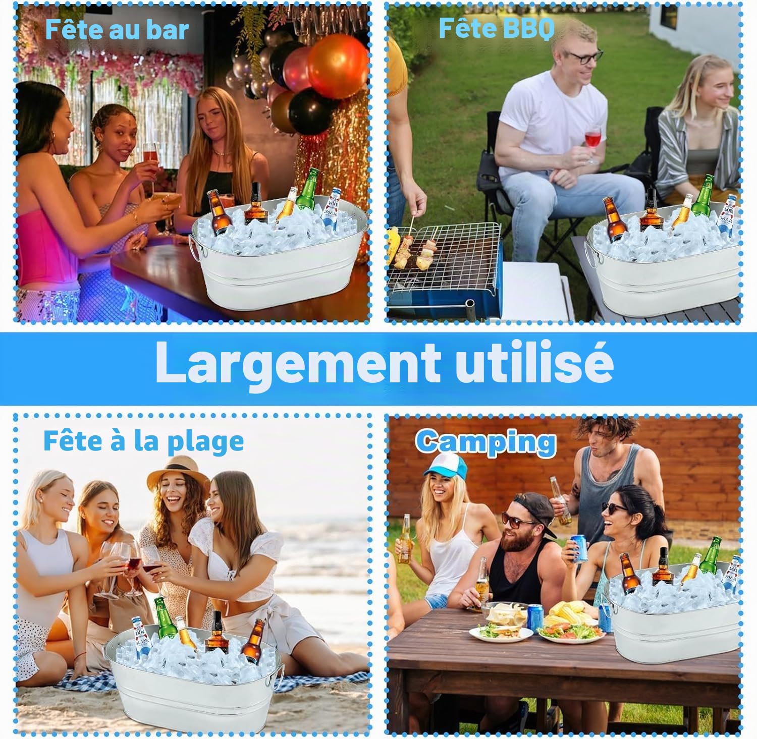 Lot de 4 grands seaux à champagne galvanisés de 13 L avec poignée de transport pour fêtes, barbecues et bars, bouteilles de refroidissement, canettes de bière ou boissons gazeuses, bière, champagne