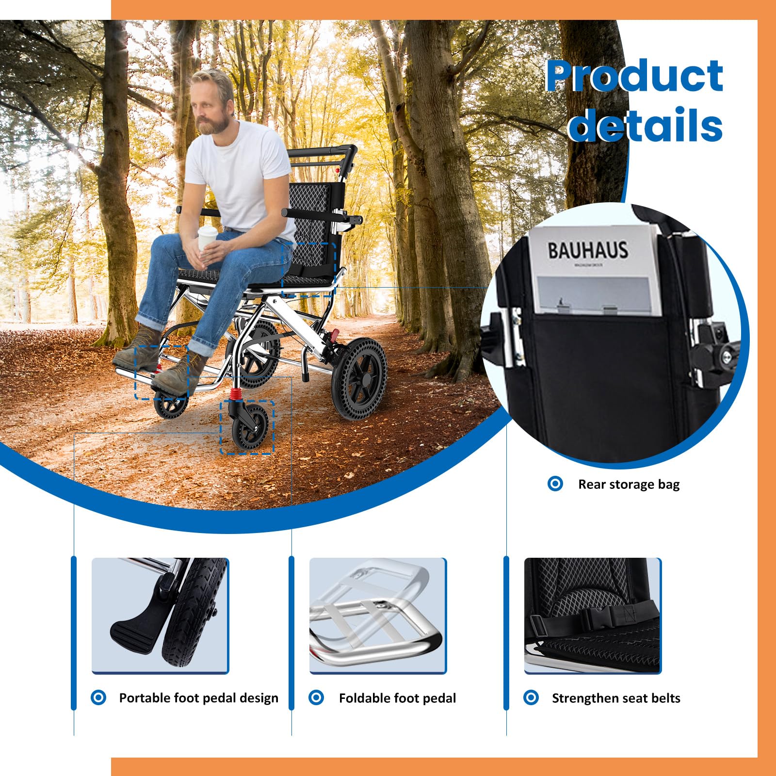 Silla de ruedas,Silla de ruedas plegable ligera silla de ruedas portátil con freno de mano,Silla de ruedas plegable y ligera para adultos,Silla de ruedas de aluminio para adultos y mayores