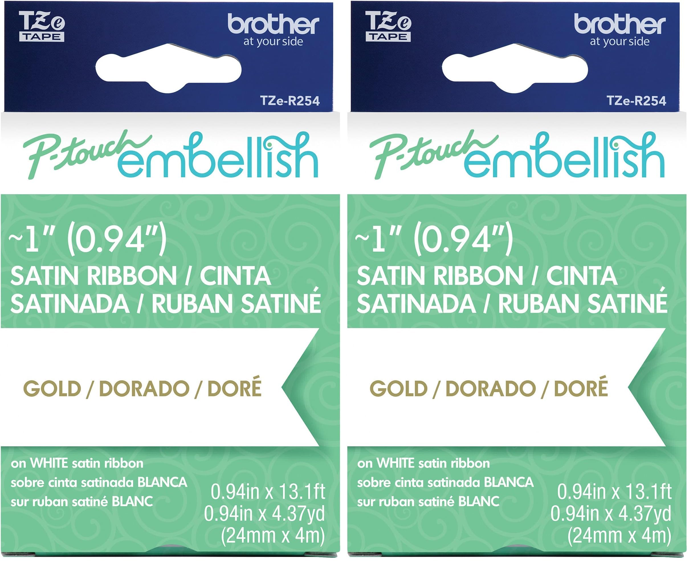 Brother P-Touch Embellish Gold Print on White Satin Ribbon TZE-R254 - ~1" Wide x 13.1’ Long (24mm x 4m/4.37yds), TZER254 (Pack of 2)