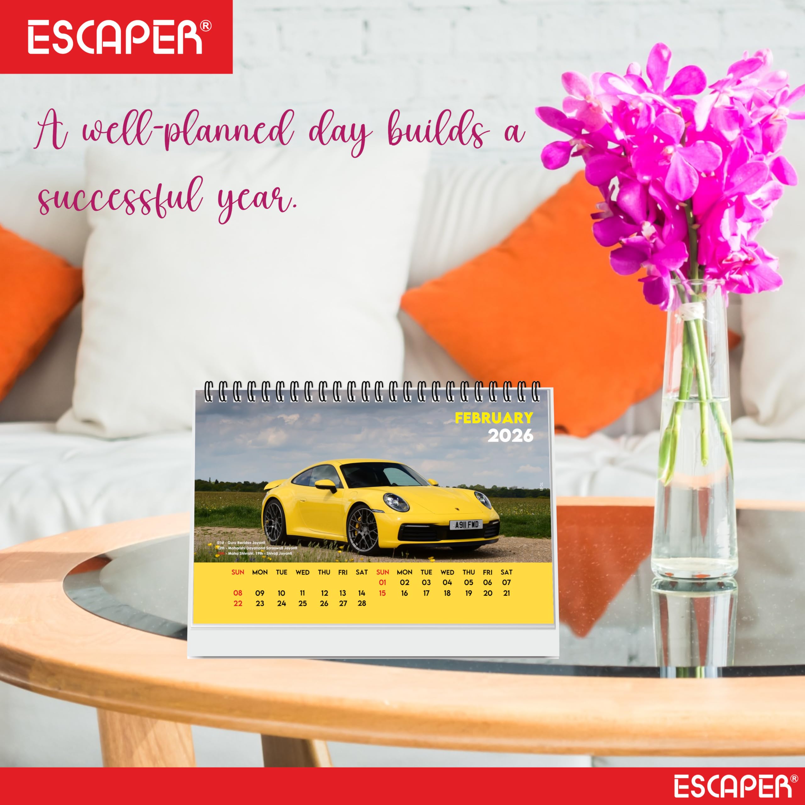 ESCAPER Cars Tischkalender 2026 - A5 Tischkalender mit Sportfahrzeugen, Schreibtisch-Organizer für Büro & Studium, Automobil-Neujahrsgeschenk