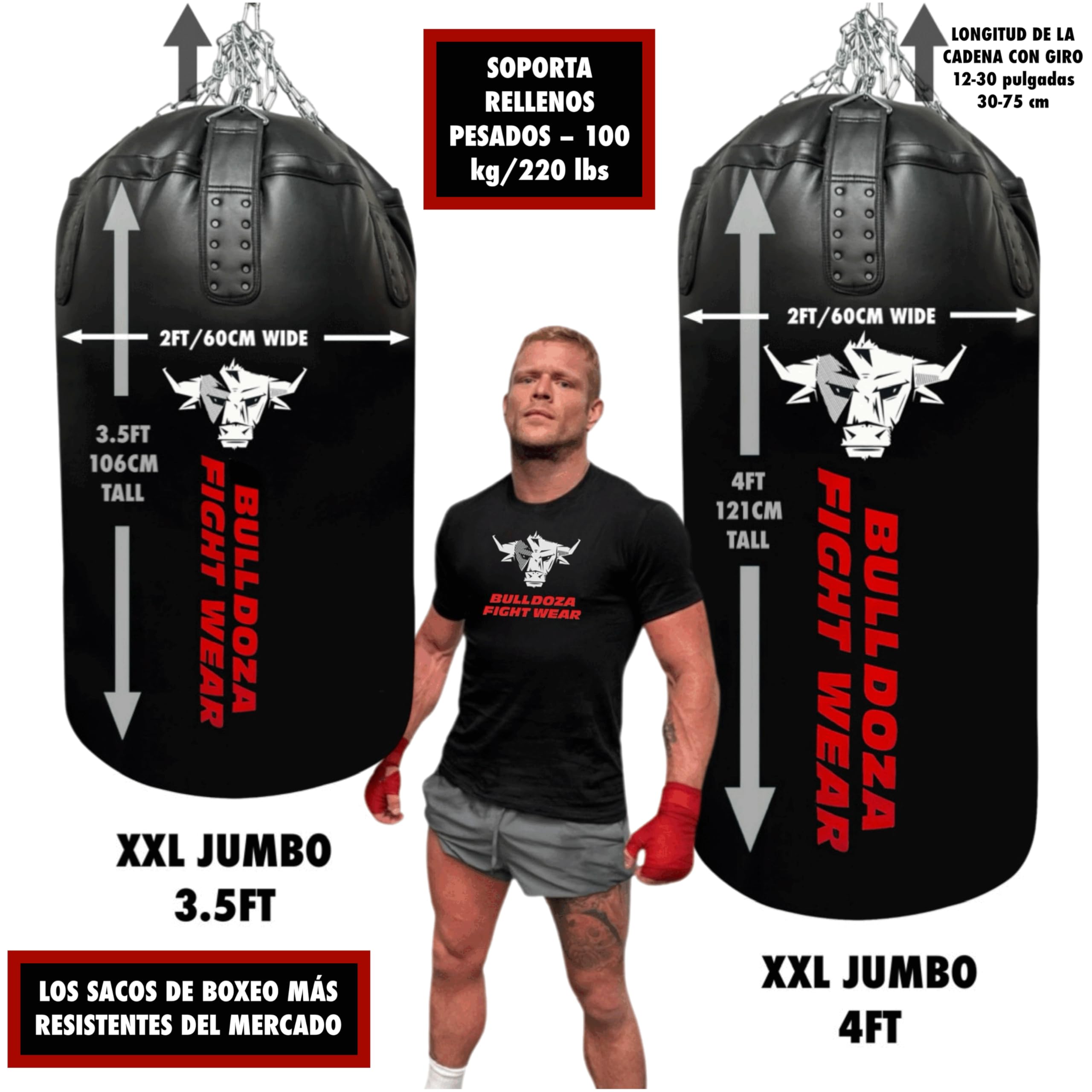 Jumbo Huge XXL Bull Doza Fight Wear - Saco de boxeo con cadenas colgantes, giratorio, mosquetones, saco de boxeo para artes marciales mixtas, kickboxing, muay thai, artes marciales
