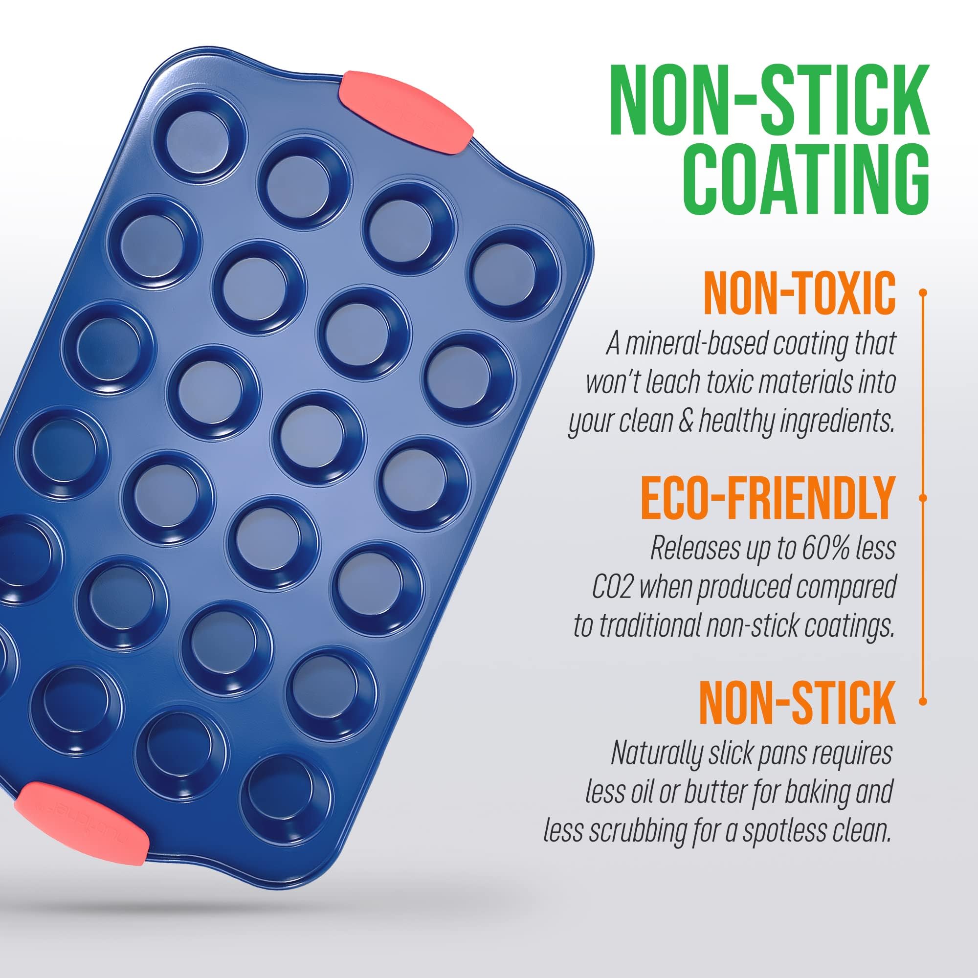 NutriChef Backform für 24 Muffins, antihaftbeschichtet, Deluxe-blaue Karbonstahl-Backform mit roten Silikongriffen, kommerzielle Qualität, Restaurantqualität, Metall-Backformen, kompatibel mit Modell
