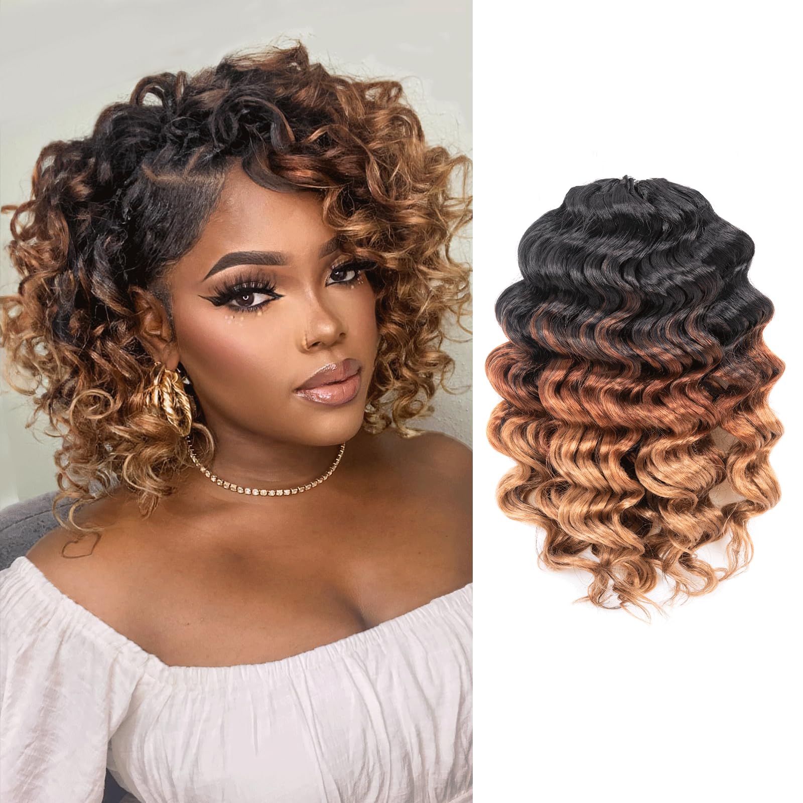 ToyoTree Ocean Wave Crochet Hair - 12 Inch 8 Packs 3 Tones Ombre Brown Mid-Length Curly Deep Wave Crochet Hair, Synthetic Ocean Wave Braiding Hair
