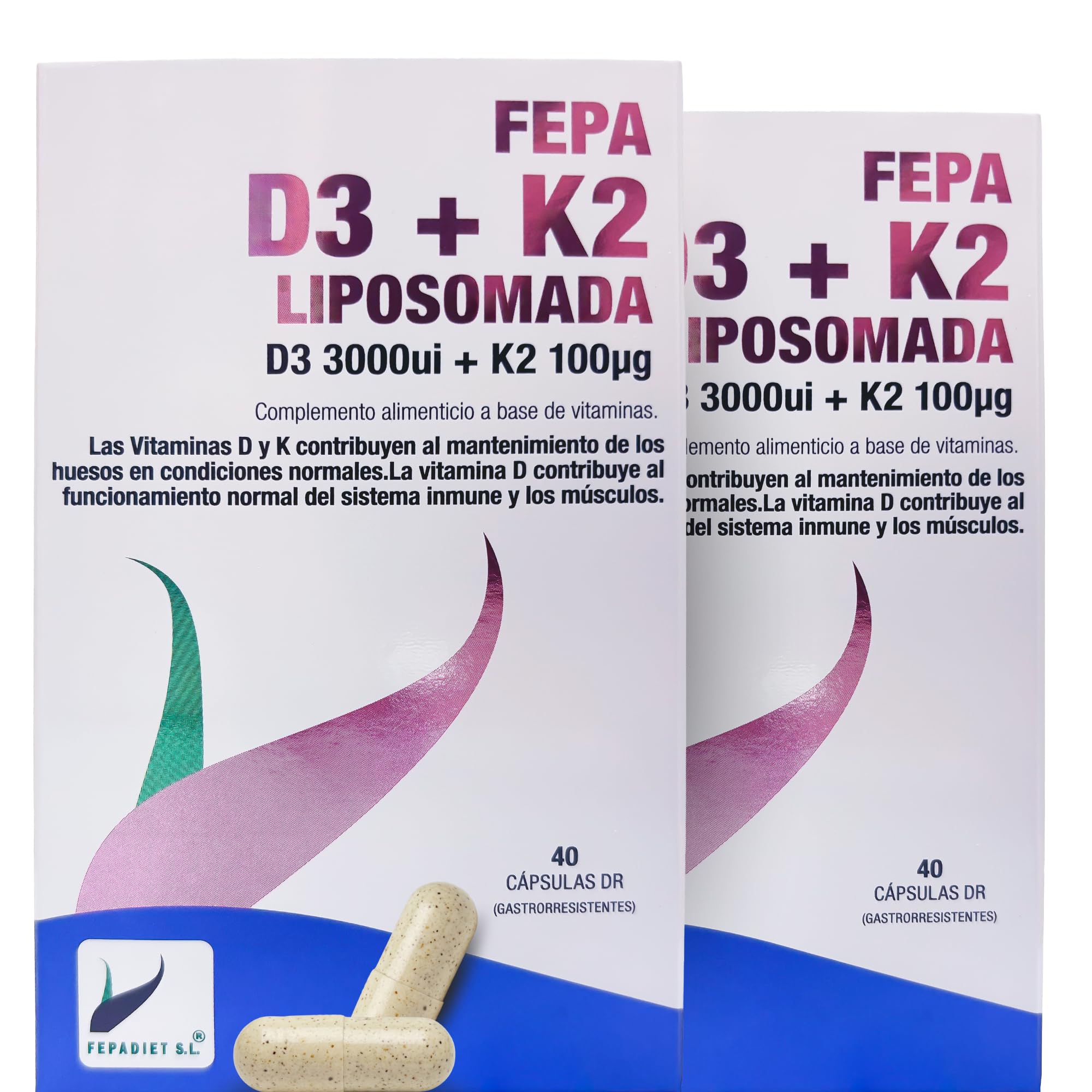 FEPA Vitamina D3 + K2 Liposomada – 40 Cápsulas Pack de 2 – Complemento Alimenticio para Huesos, Músculos y Sistema Inmunitario – Cápsulas de Alta Absorción – Fepadiet