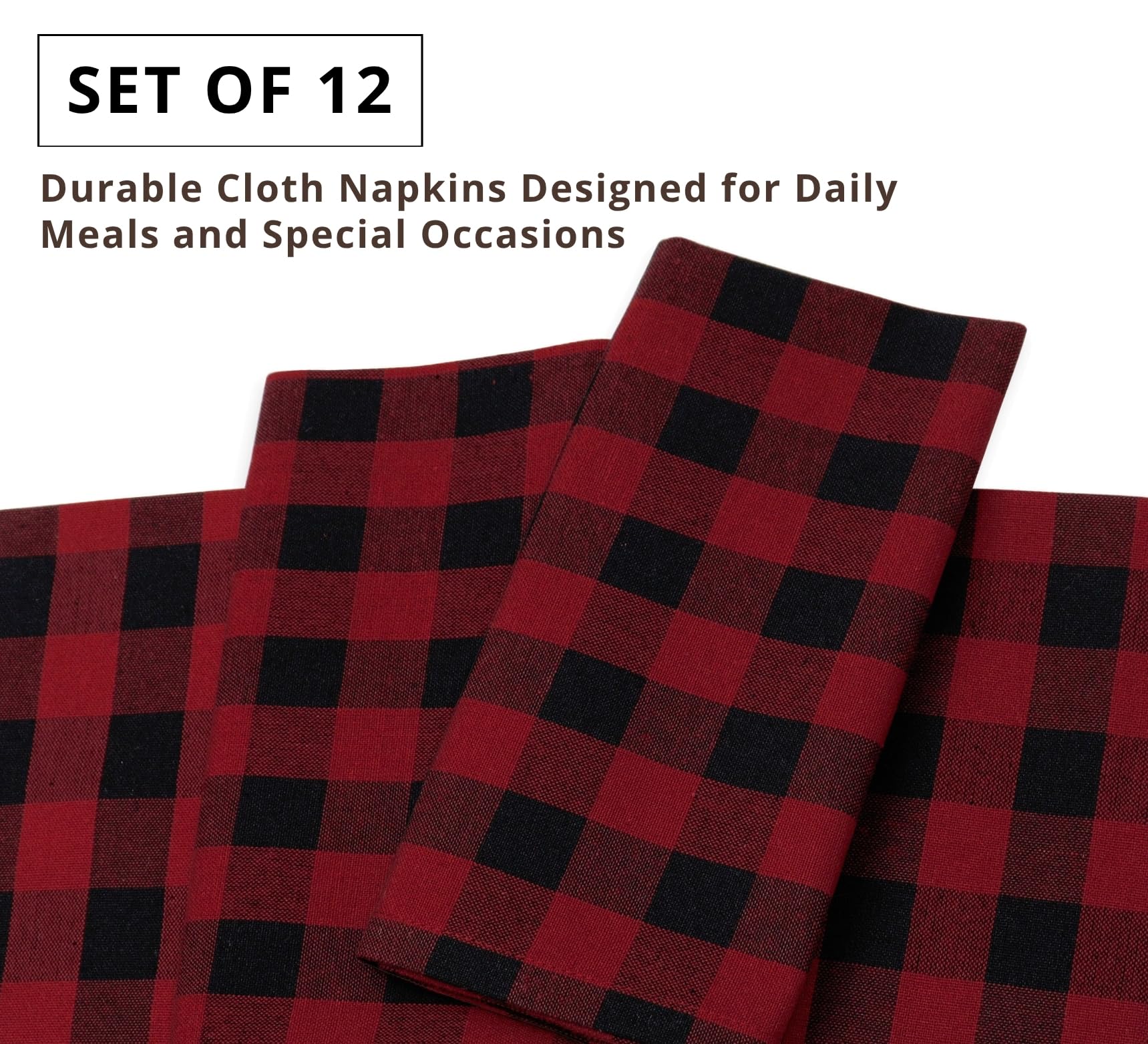 PurpleEssences Buffalo Plaid Cloth Serwetki - Ukośne Narożniki - Świąteczna Serwetka Gingham - Zestaw 12-100% Bawełna - Wielokrotnego Użytku Zmywalne - Czerwony i Czarny