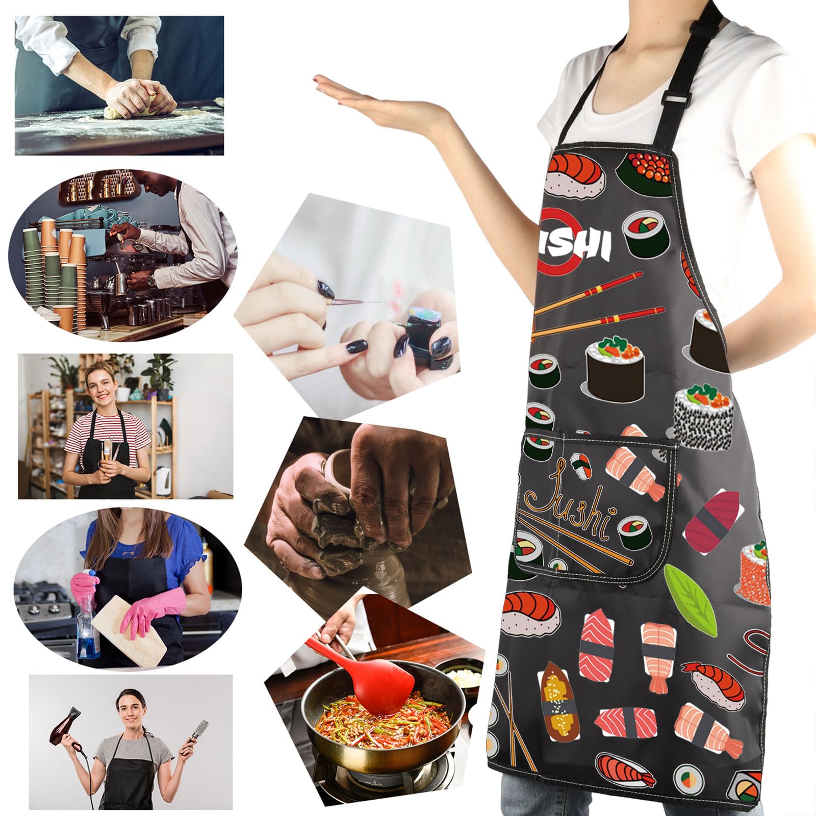 Delantal de sushi con bolsillos, regalo de chef de sushi, lindo delantal con estampado de sushi para amantes del sushi, divertidos regalos de sushi, delantal para hacer sushi, Delantal de 6