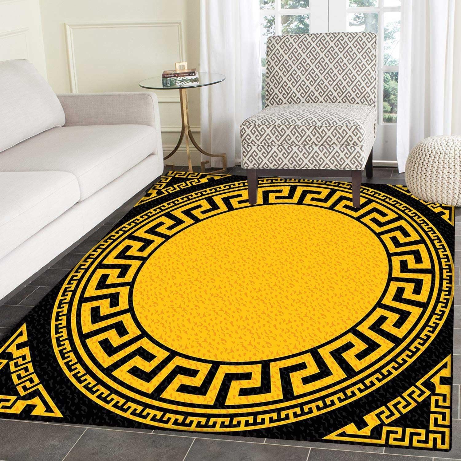 Greek Key Dining Room Home Bedroom Carpet Floor Mat Sun Inspired Big Circle with Antique Fret and Triangular Ornaments Non Slip rug 5'x6' Charcoal Grey Marigold