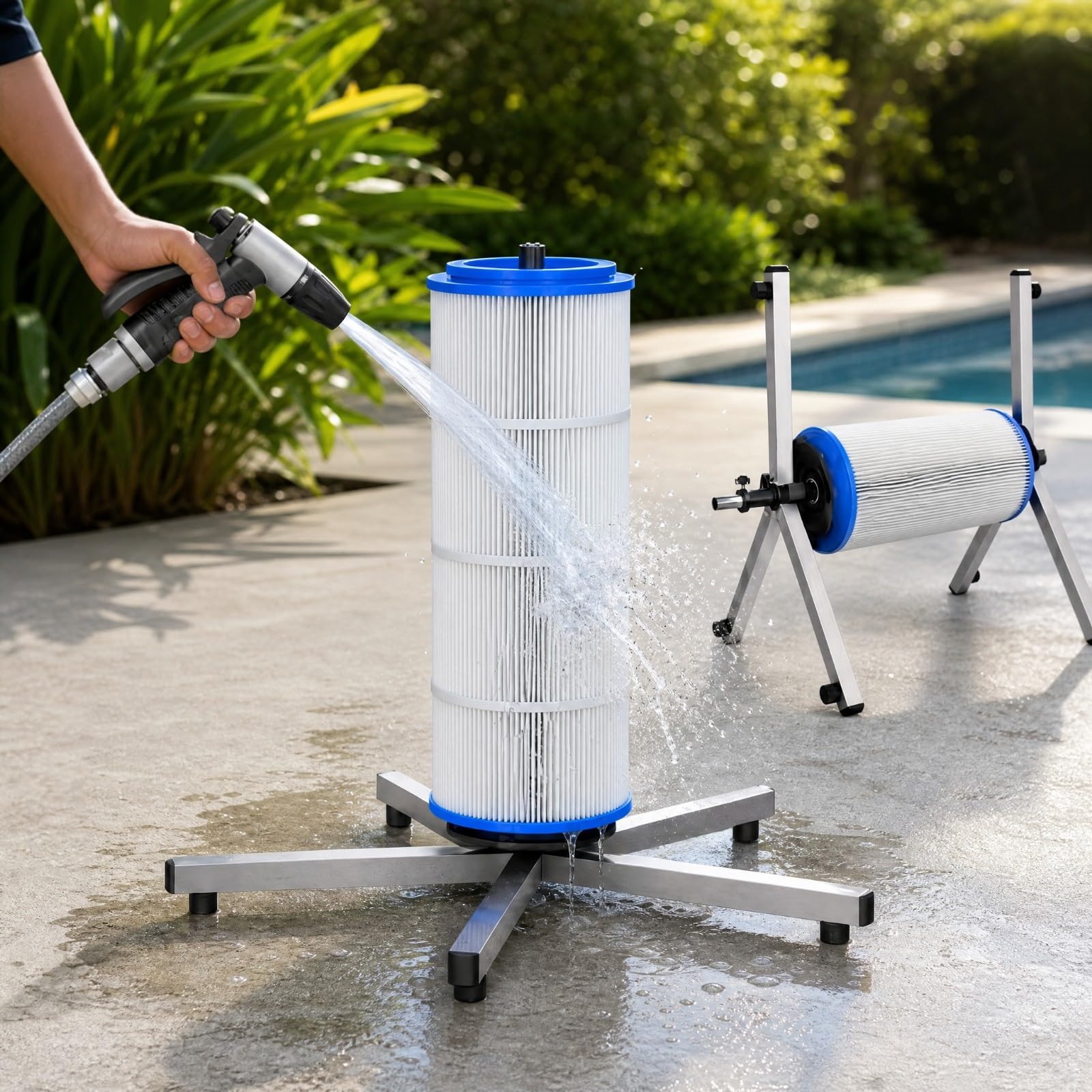 Soporte Giratorio para Filtro Piscina | Estructura Metálica Estable, Profunda, Limpiador Cartuchos Filtro con Soporte Trípo