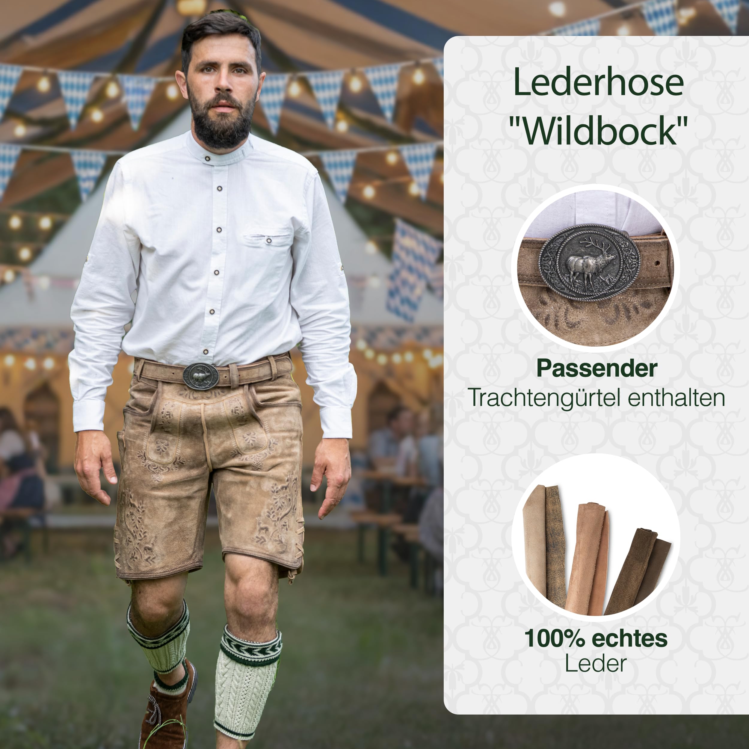 Schöneberger Trachten Couture Herren Lederhose kurz mit Trachtengürtel -Traditionelle Trachtenhose für Oktoberfest aus Original Nubukleder