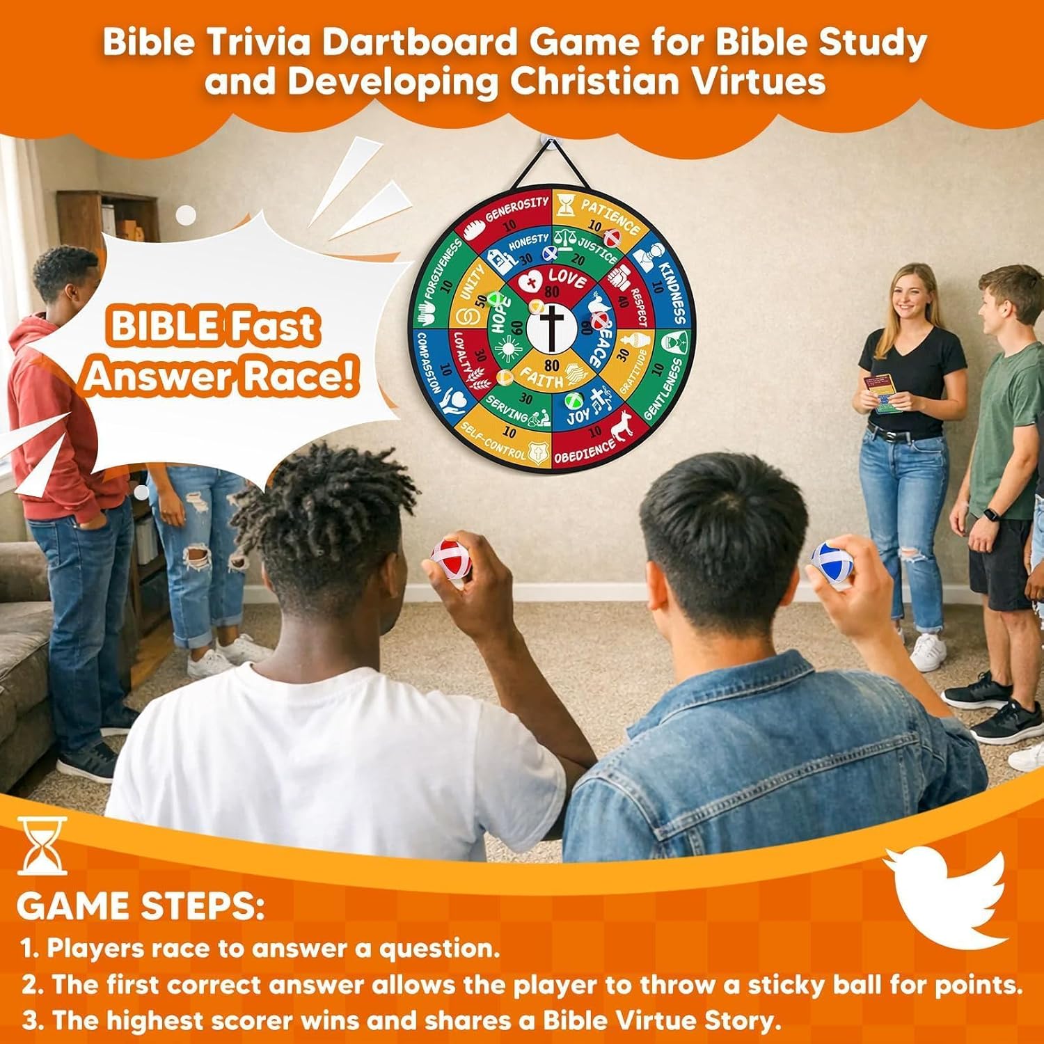 Garybank Bible Trivia Dartboard Game for Kids & Family, 280+ Bible Trivial Questions and 20 Christian Virtues Cards, Biblical Study Supplies for Sunday School, Youth Groups, Easter Gift for Kids